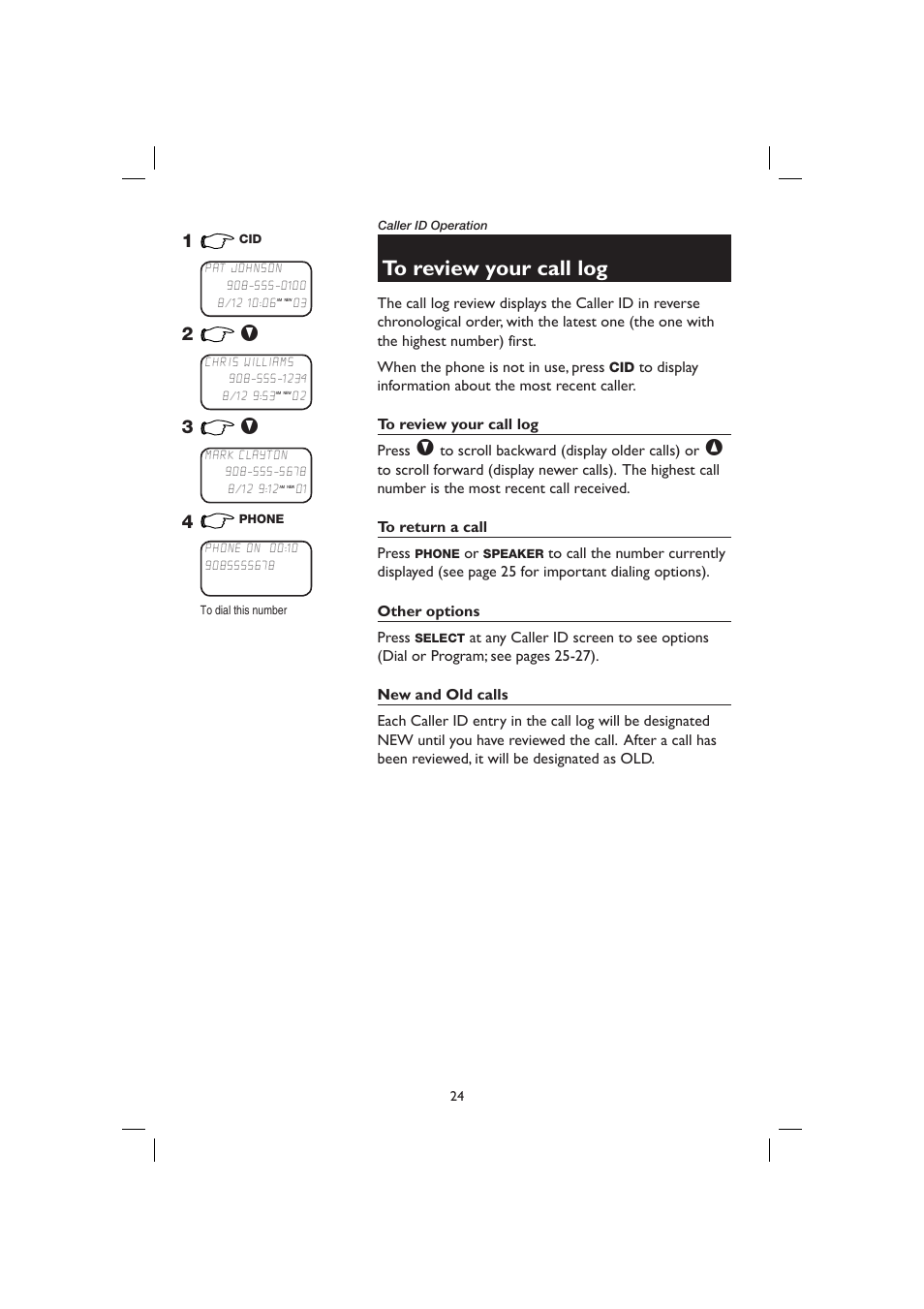 To review your call log, To return a call, Other options | New and old calls | AT&T E2728B User Manual | Page 28 / 60