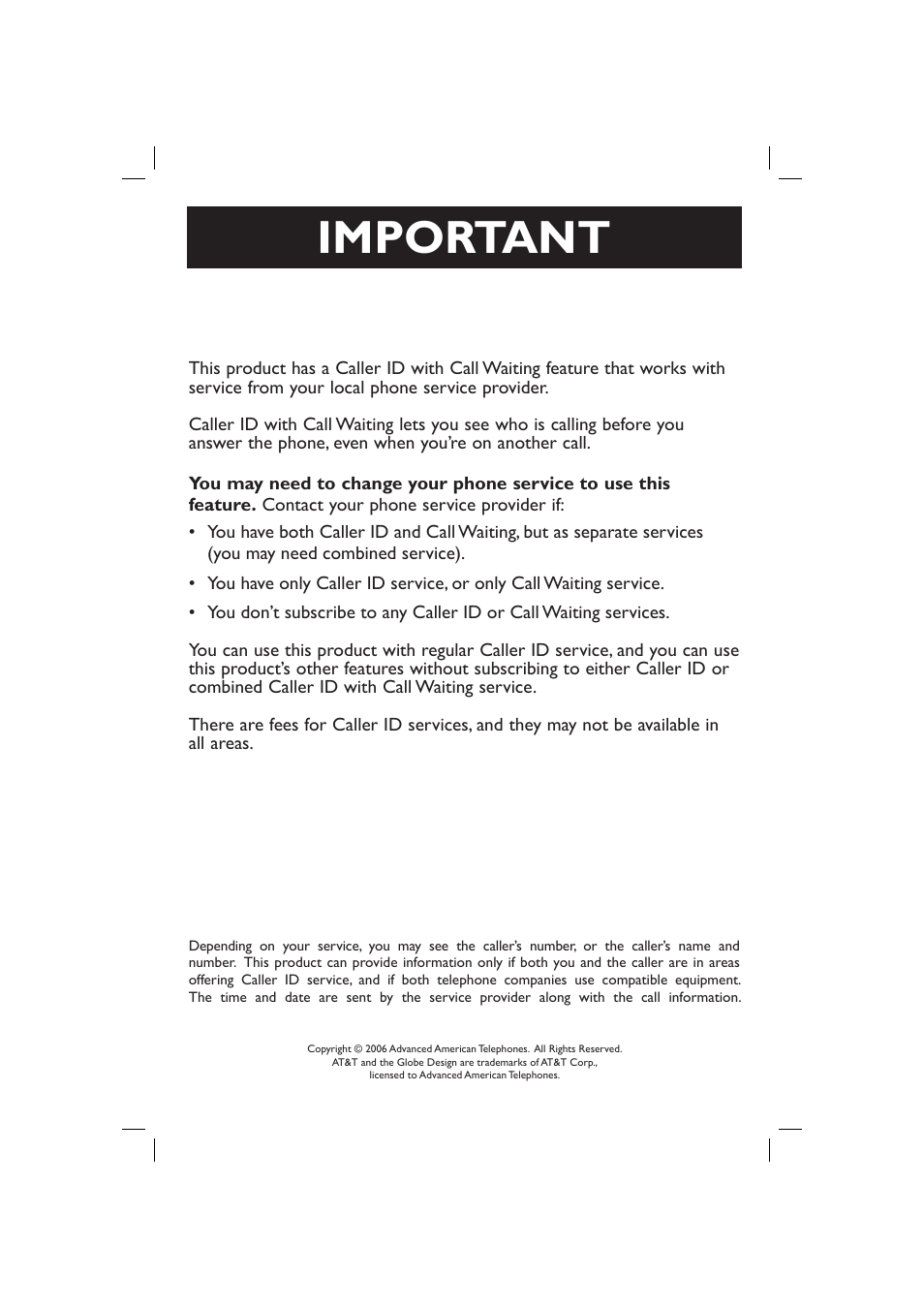 Important, Information about caller id with call waiting | AT&T E2728B User Manual | Page 3 / 60