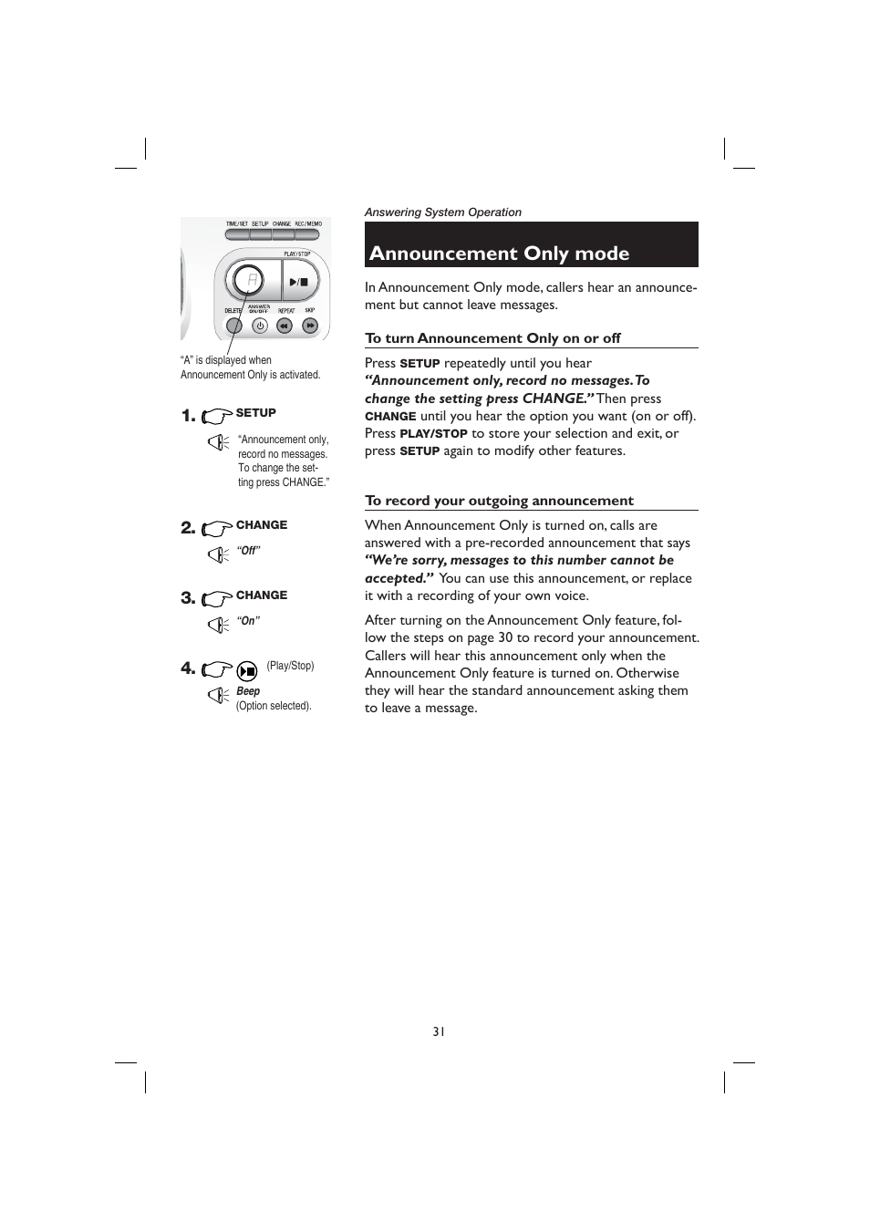 Announcement only mode, To turn announcement only on or off, To record your outgoing announcement | AT&T E2728B User Manual | Page 35 / 60