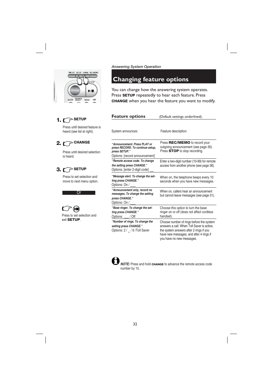 Changing feature options, Feature options | AT&T E2728B User Manual | Page 36 / 60