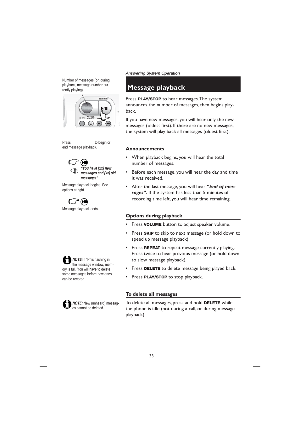 Message playback, Announcements, Options during playback | To delete all messages | AT&T E2728B User Manual | Page 37 / 60