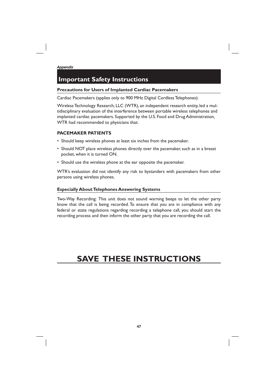 Save these instructions, Important safety instructions | AT&T E2728B User Manual | Page 51 / 60