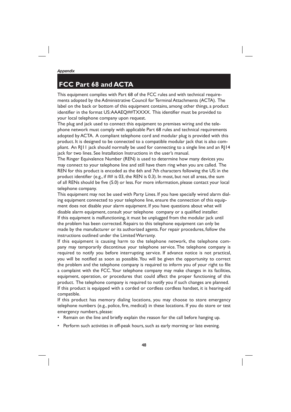 Fcc part 68 and acta | AT&T E2728B User Manual | Page 52 / 60