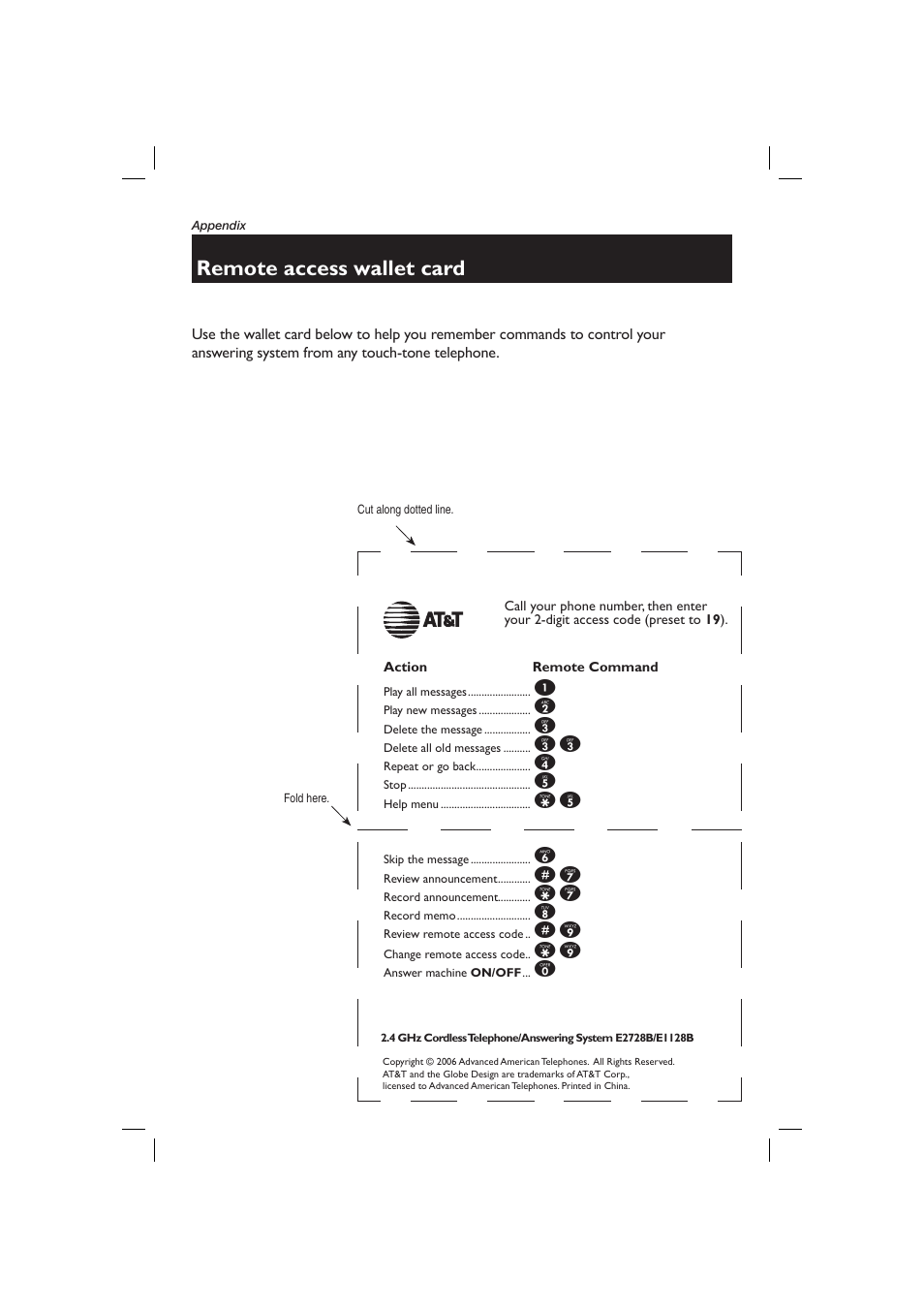 Remote access wallet card | AT&T E2728B User Manual | Page 59 / 60
