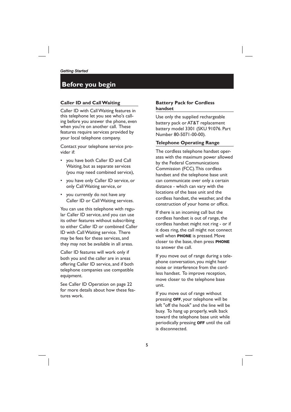Before you begin, Caller id and call waiting, Battery pack | Telephone operating range | AT&T E2728B User Manual | Page 9 / 60