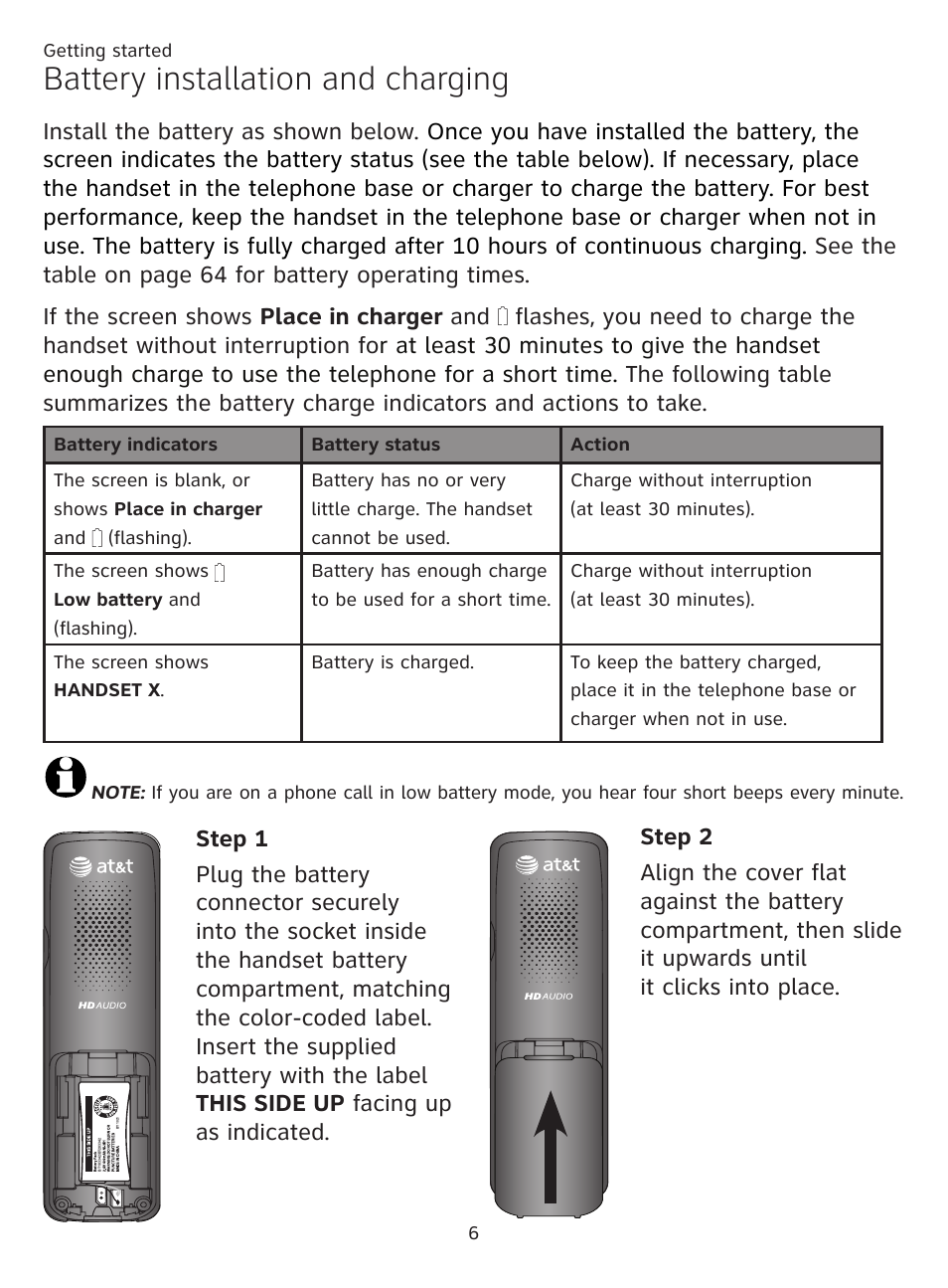 Battery installation and charging | AT&T CL81101 User Manual | Page 11 / 72
