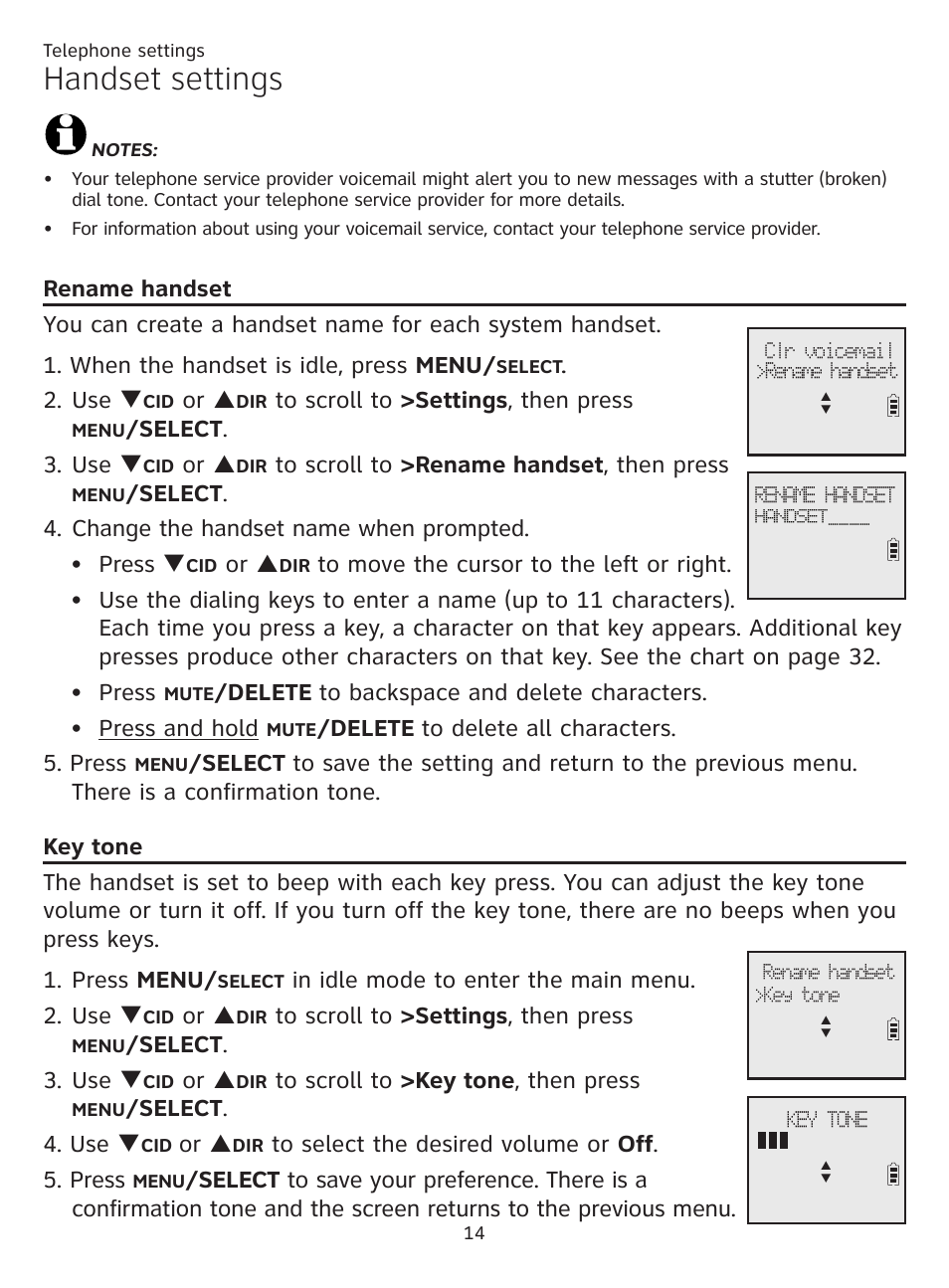 Rename handset, Key tone, Rename handset key tone | Handset settings, Use q, Or p, Select . 3. use q, Delete to delete all characters. 5. press, Select . 4. use q | AT&T CL81101 User Manual | Page 19 / 72