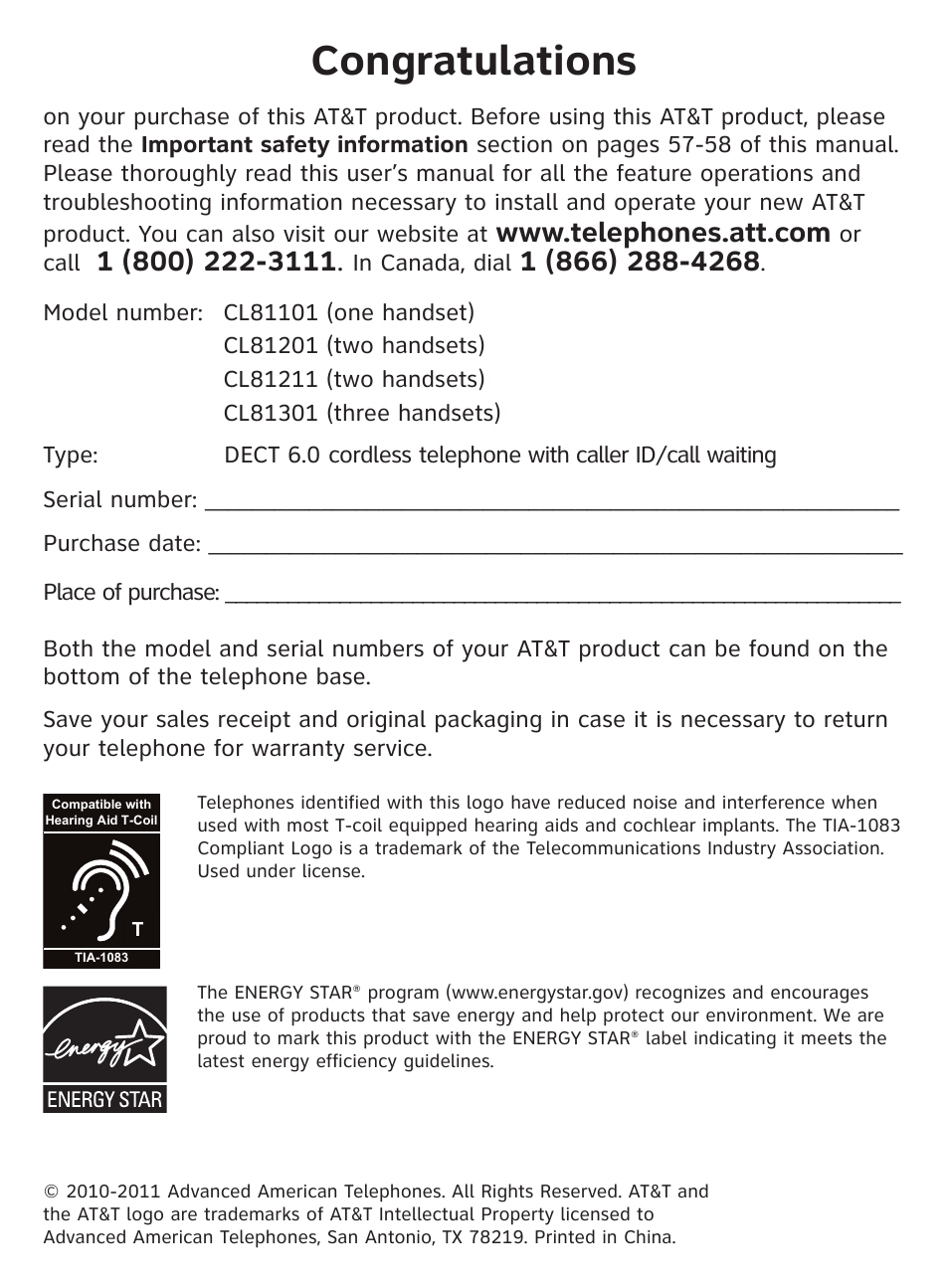 AT&T CL81101 User Manual | Page 2 / 72