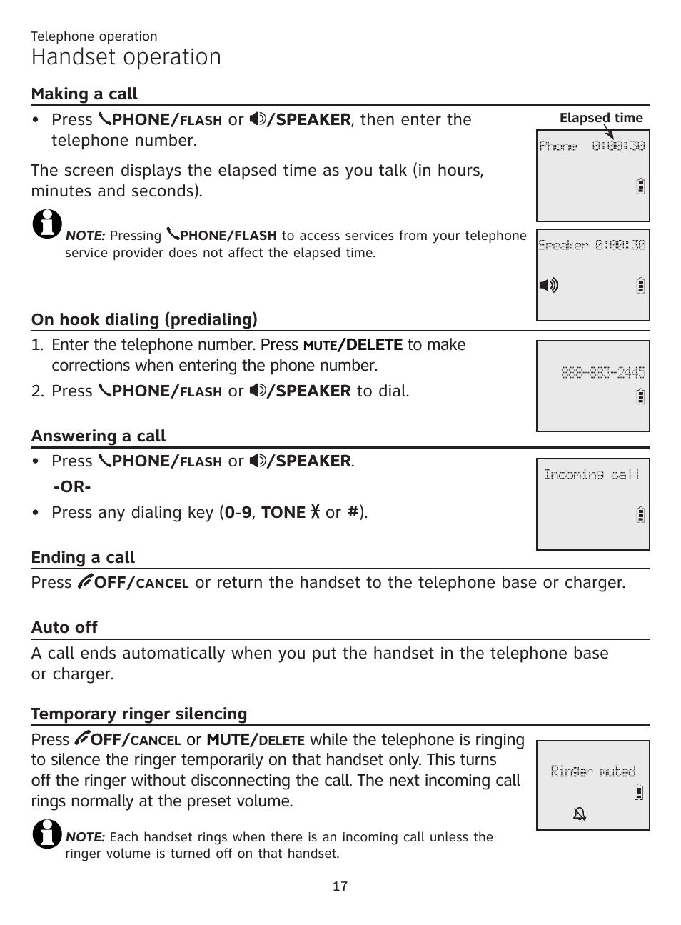 Handset operation, Making a call, On hook dialing (predialing) | Answering a call, Ending a call, Auto off, Temporary ringer silencing, Making a call press phone, Or m ute | AT&T CL81101 User Manual | Page 22 / 72