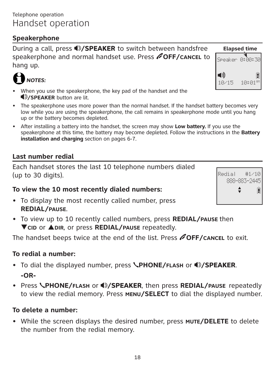 Last number redial, Speakerphone, Speakerphone last number redial | Handset operation, Then q, Or p, Or press redial, Or /spea�er spea�er . -or- press phone, Or /spea�er spea�er , then press redial | AT&T CL81101 User Manual | Page 23 / 72