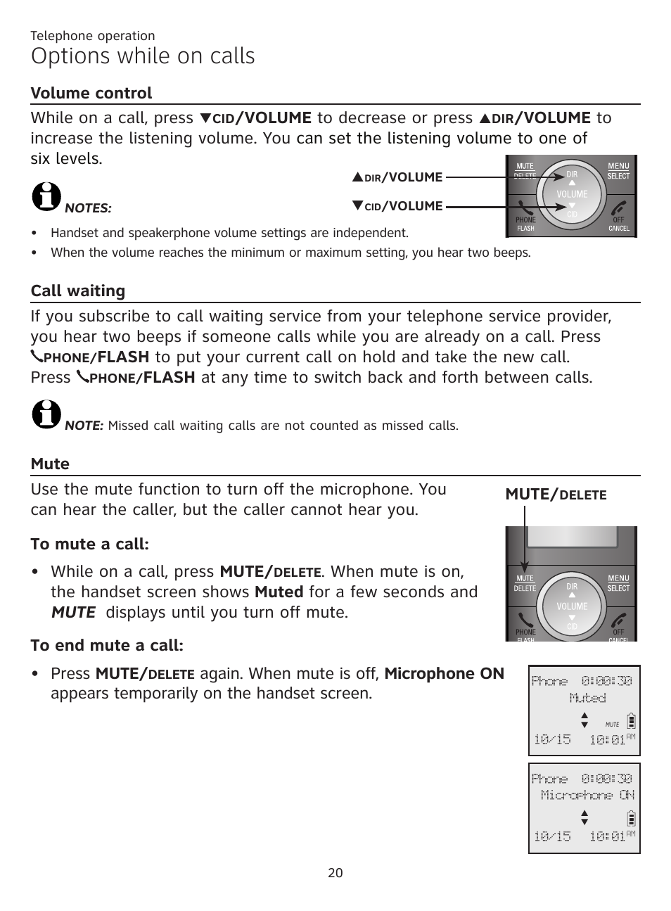 Options while on calls, Volume control, Call waiting | Mute, Volume control call waiting mute, Volume control while on a call, press, Volume to decrease or press | AT&T CL81101 User Manual | Page 25 / 72