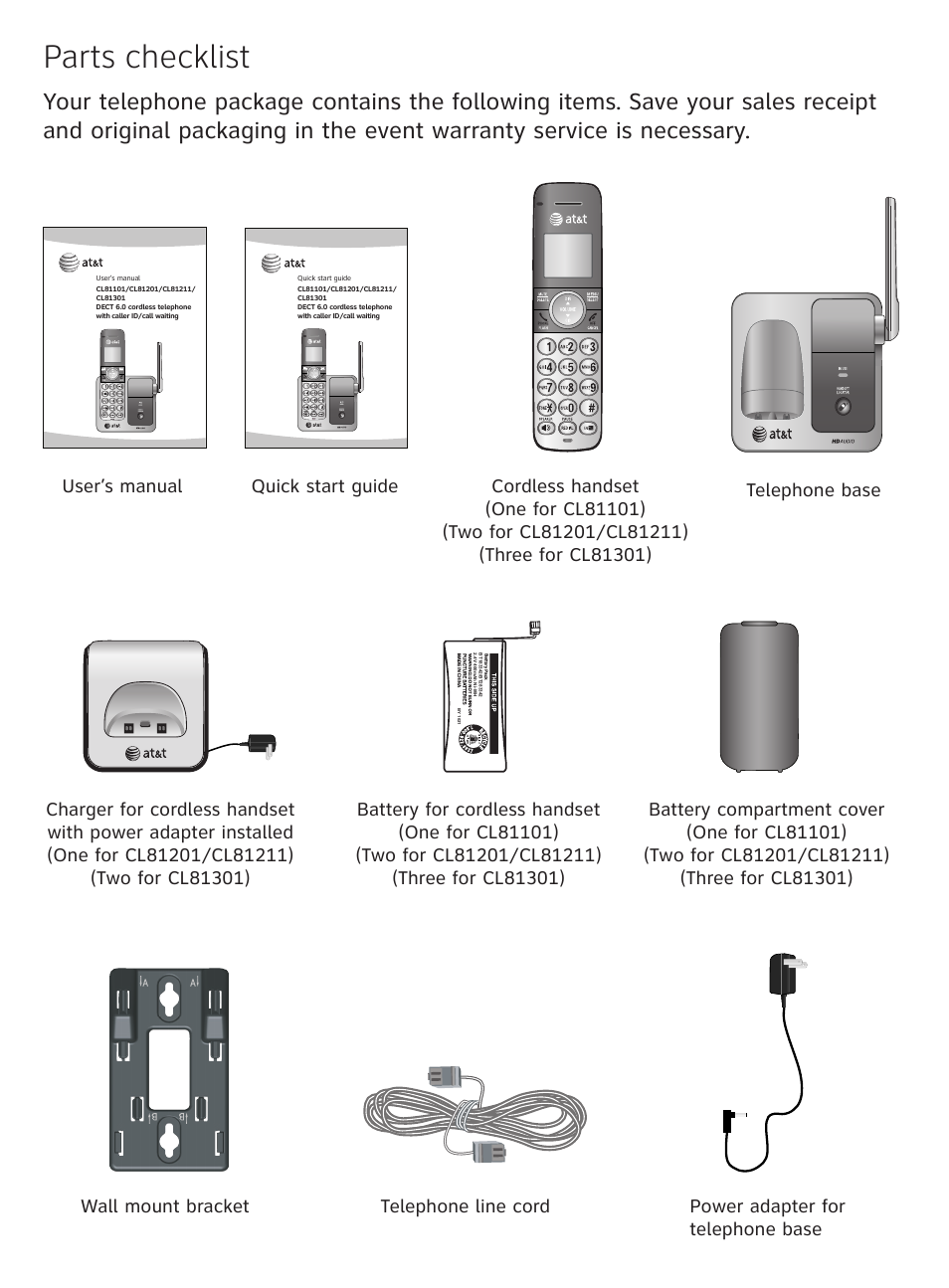 Parts checklist | AT&T CL81101 User Manual | Page 3 / 72