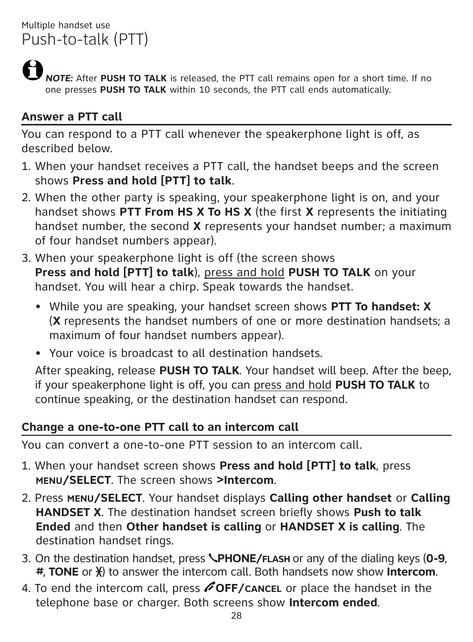 Change a one-to-one ptt call to an intercom call, Answer a ptt call, Answer a ptt call change a one-to-one ptt call | To an intercom call, Push-to-talk (ptt) | AT&T CL81101 User Manual | Page 33 / 72