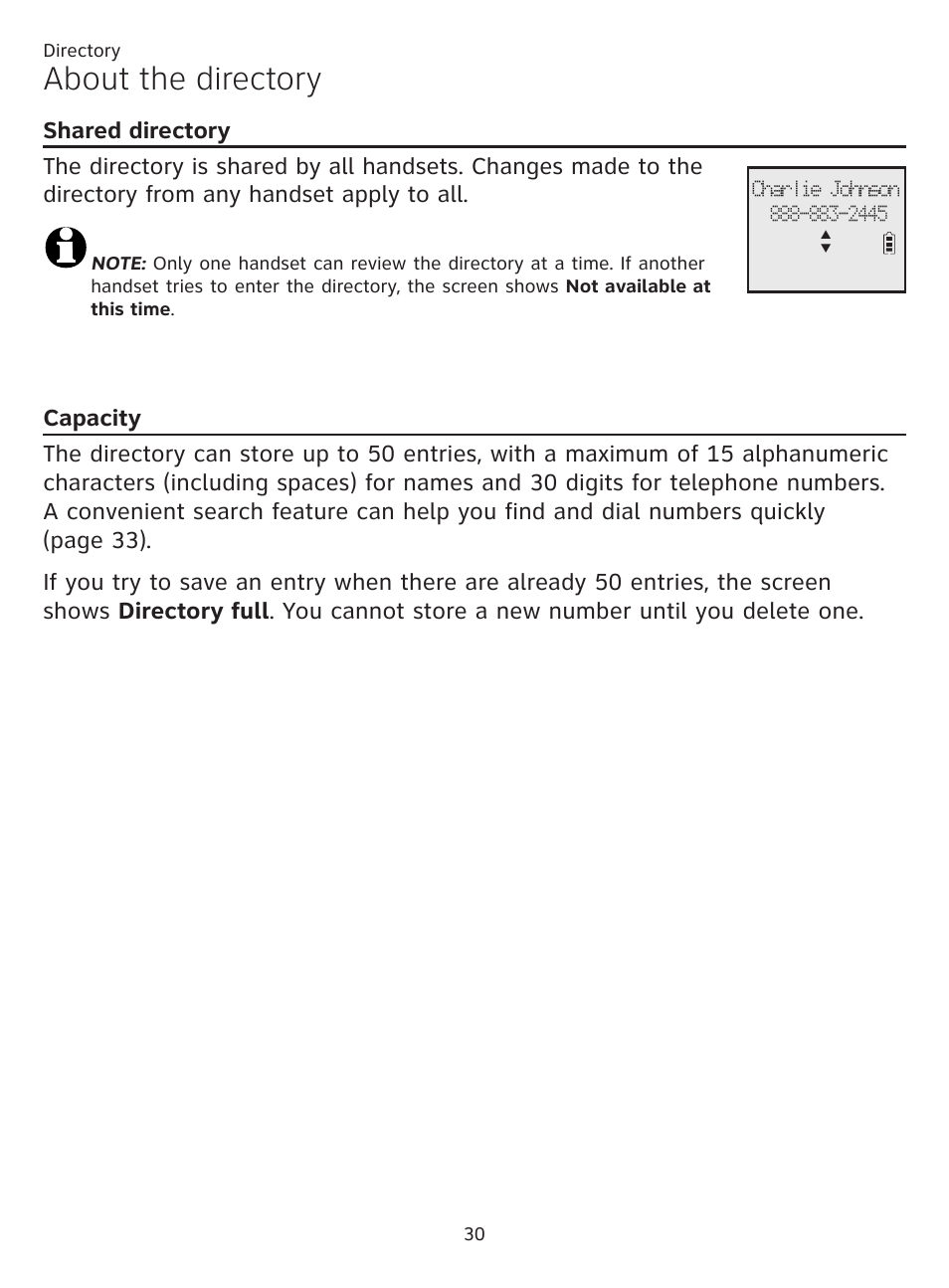 Directory, About the directory, Shared directory | Capacity, Director, Shared directory capacity | AT&T CL81101 User Manual | Page 35 / 72