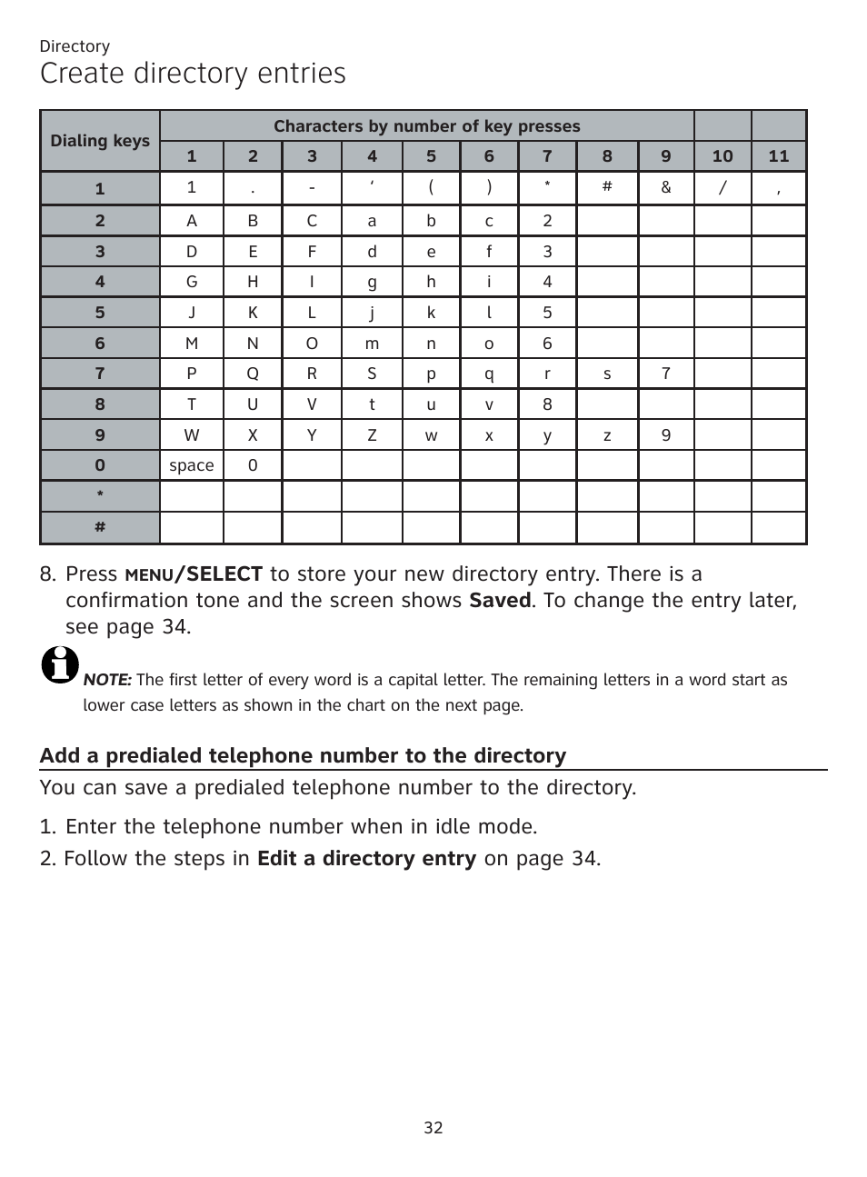 Add a predialed telephone number to the directory, Add a predialed telephone, Number to the directory | Create directory entries, Press | AT&T CL81101 User Manual | Page 37 / 72