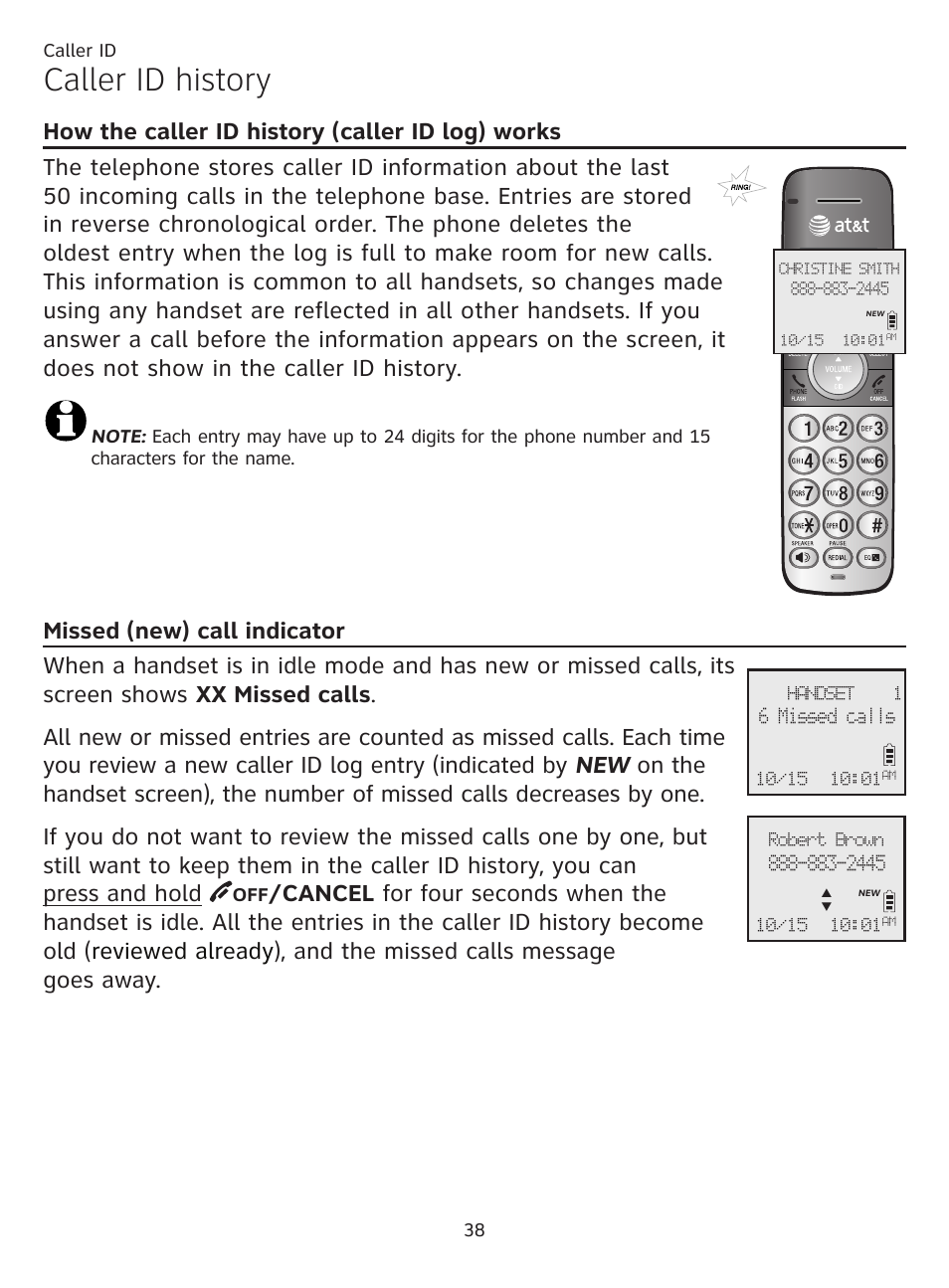 Caller id history, How the caller id history (caller id log) works, Missed (new) call indicator | How the caller id history, Caller id log) works | AT&T CL81101 User Manual | Page 43 / 72