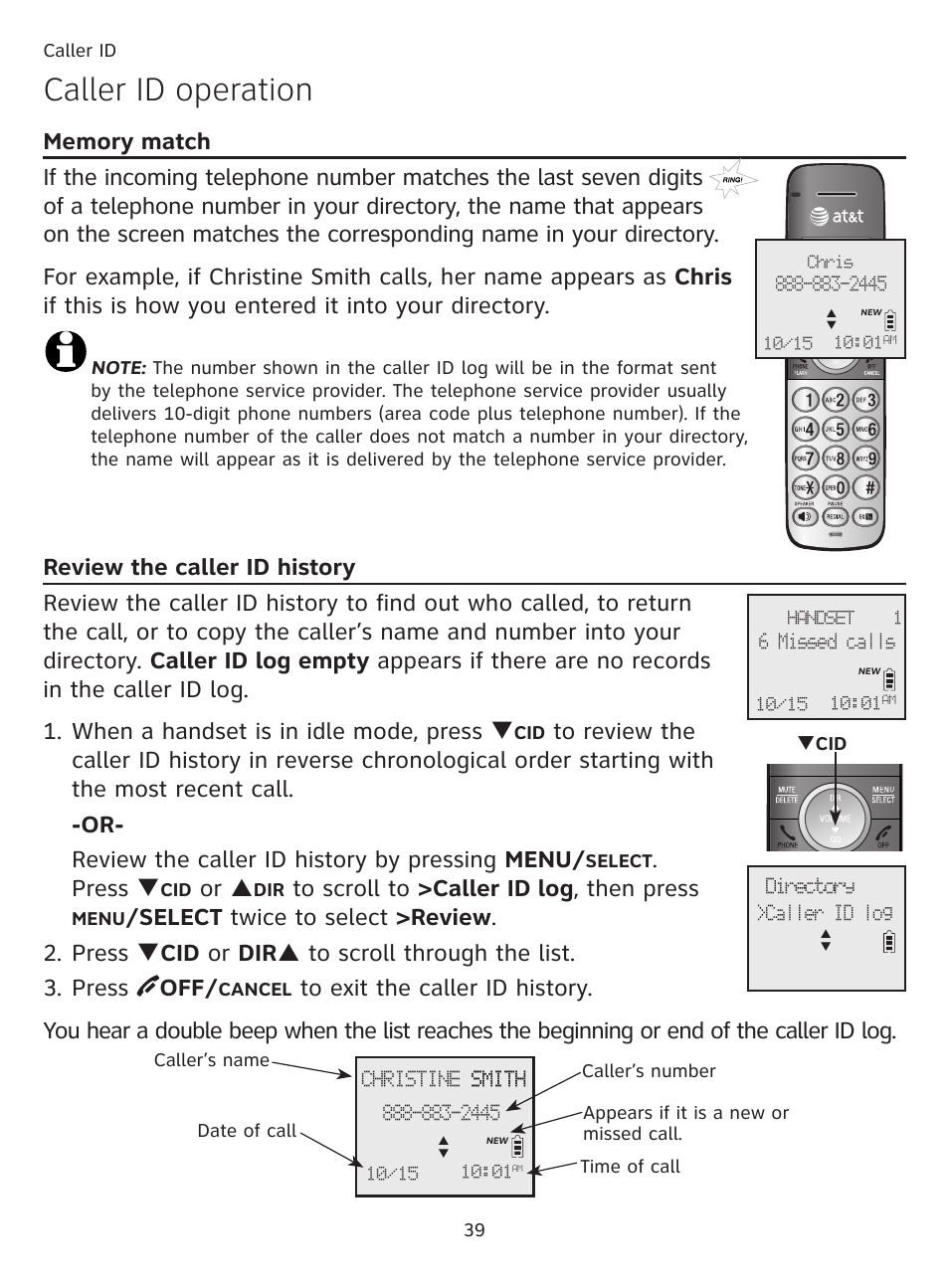 Caller id operation, Memory match, Review the caller id history | Press q, Or p | AT&T CL81101 User Manual | Page 44 / 72