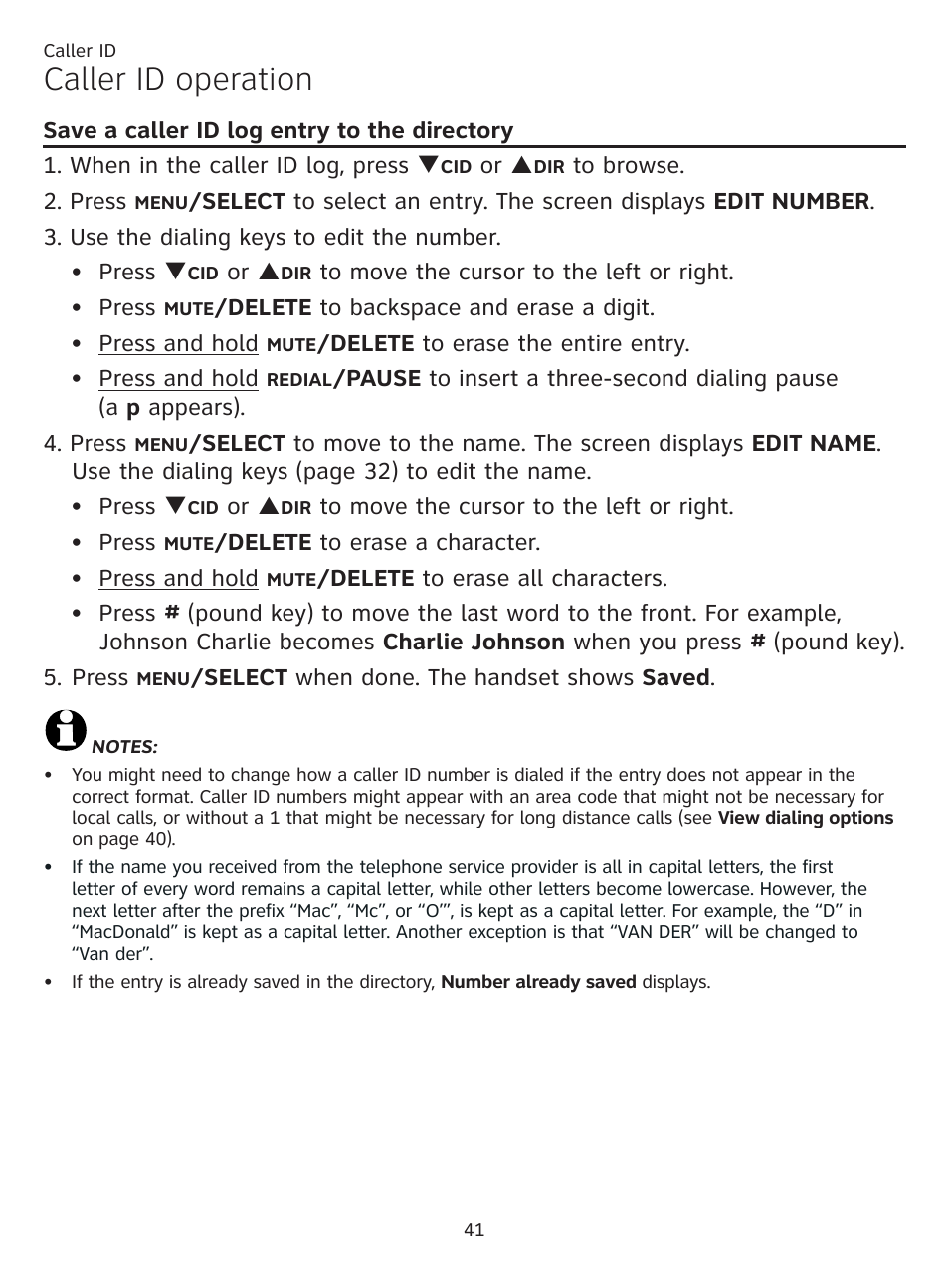 Save a caller id log entry to the directory, Save a caller id log entry to, The directory | Caller id operation | AT&T CL81101 User Manual | Page 46 / 72