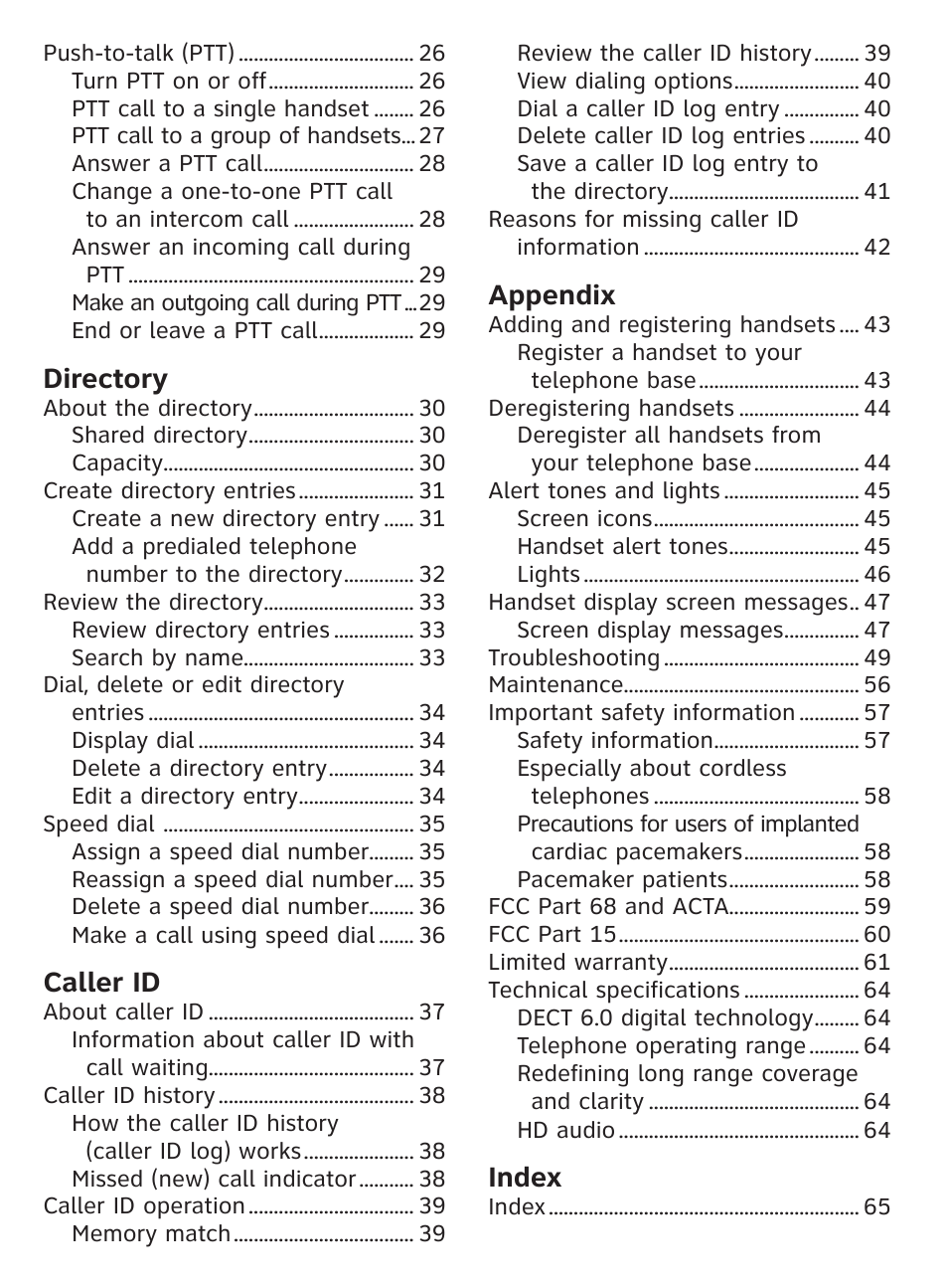 Director y, Caller id, Appendix | Index | AT&T CL81101 User Manual | Page 5 / 72