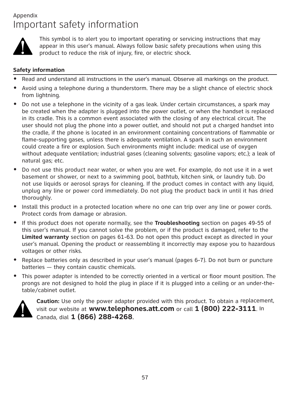 Important safety information, Safety information | AT&T CL81101 User Manual | Page 62 / 72