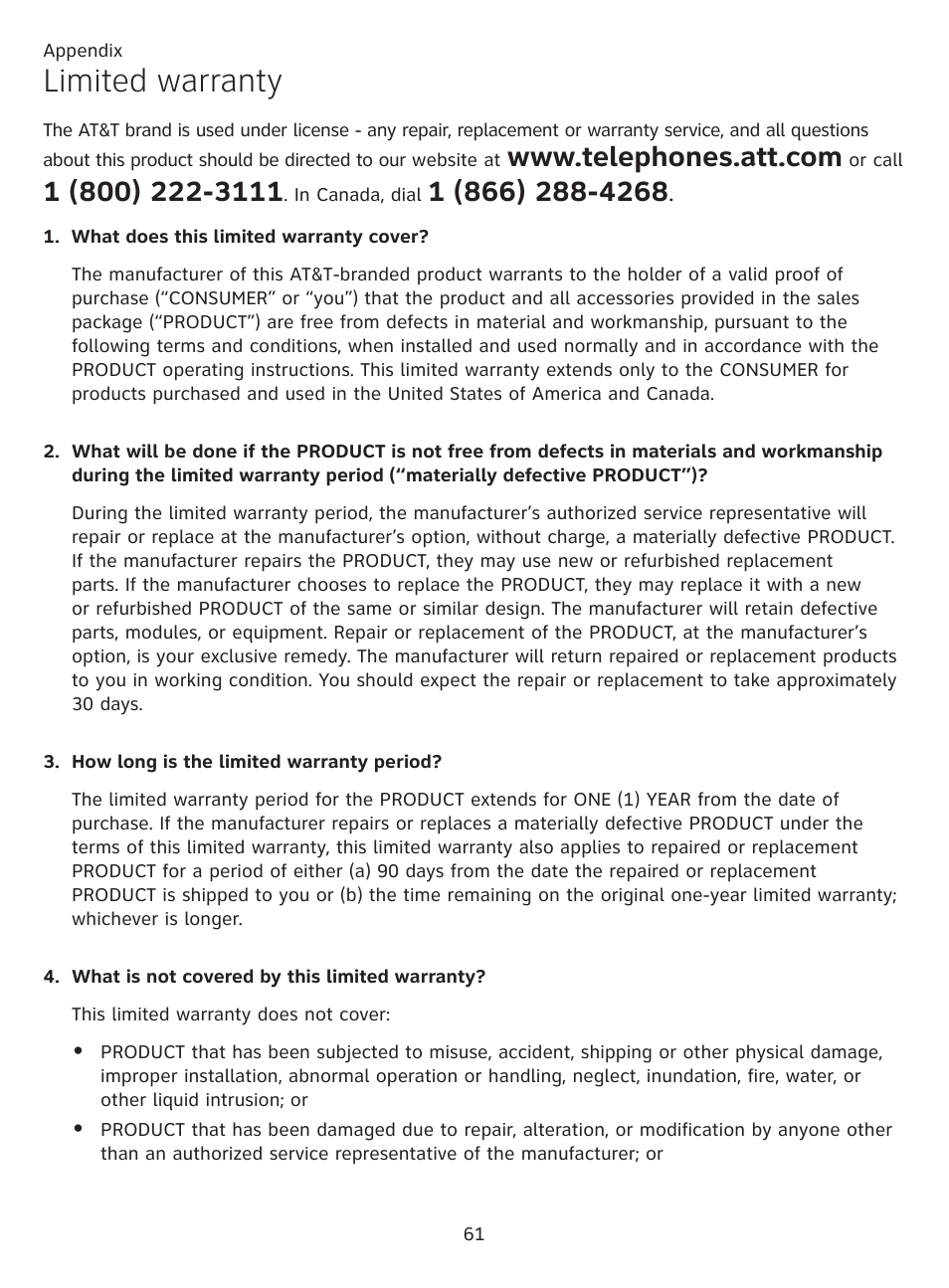 Limited warranty | AT&T CL81101 User Manual | Page 66 / 72