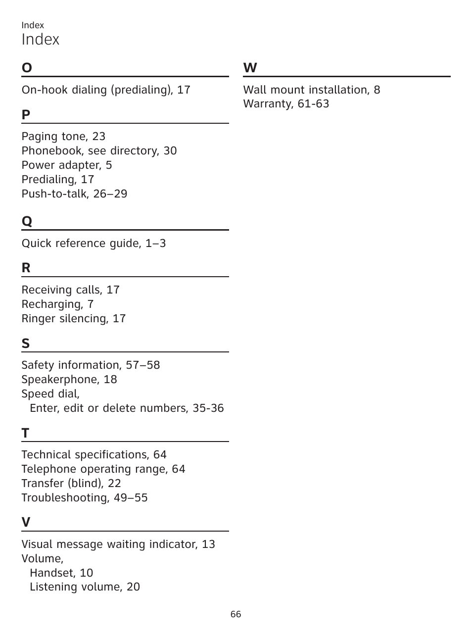 Index | AT&T CL81101 User Manual | Page 71 / 72