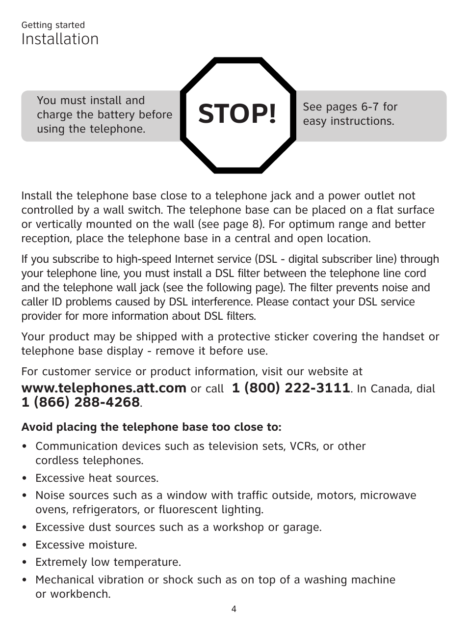 Installation, Stop | AT&T CL81101 User Manual | Page 9 / 72