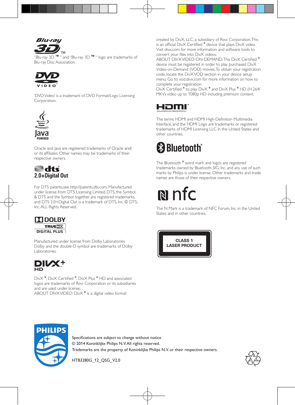 Philips Home Cinéma Blu-ray 3D 2 enceintes User Manual | Page 12 / 12