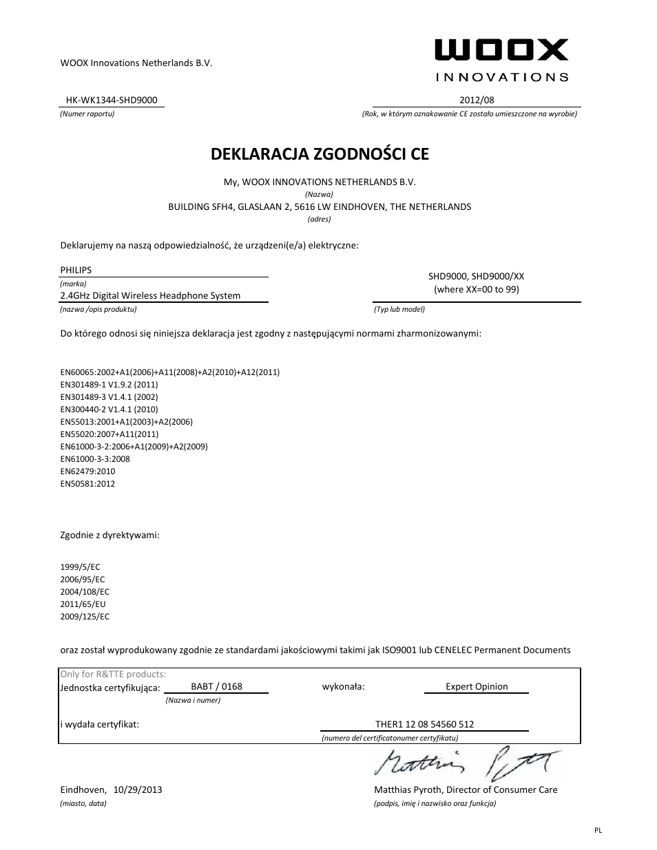 Deklaracja zgodności ce | Philips Casque sans fil numérique User Manual | Page 11 / 21