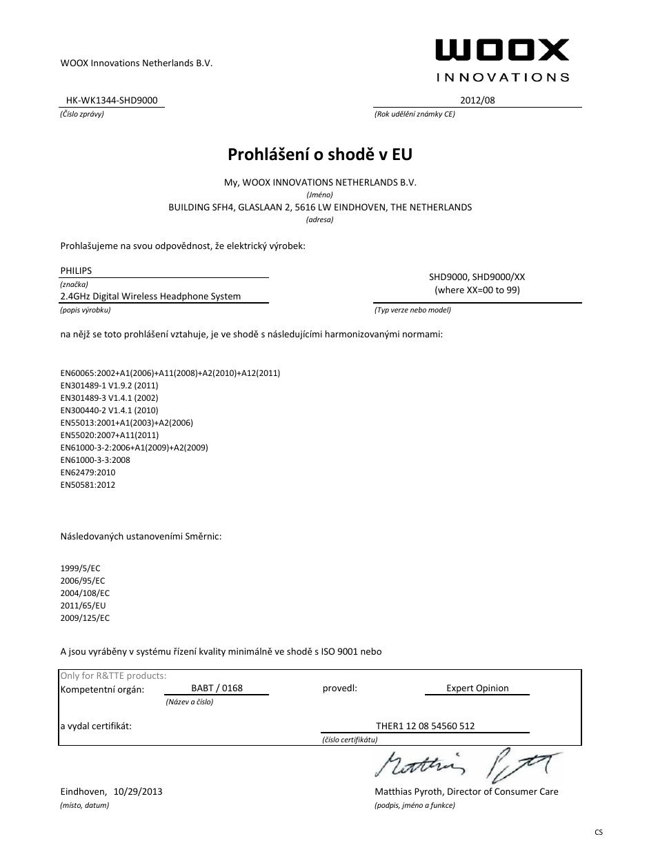 Prohlášení o shodě v eu | Philips Casque sans fil numérique User Manual | Page 15 / 21