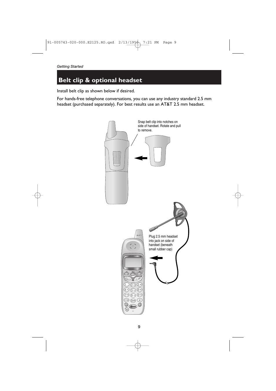 Belt clip & optional headset | AT&T E2125 User Manual | Page 11 / 37