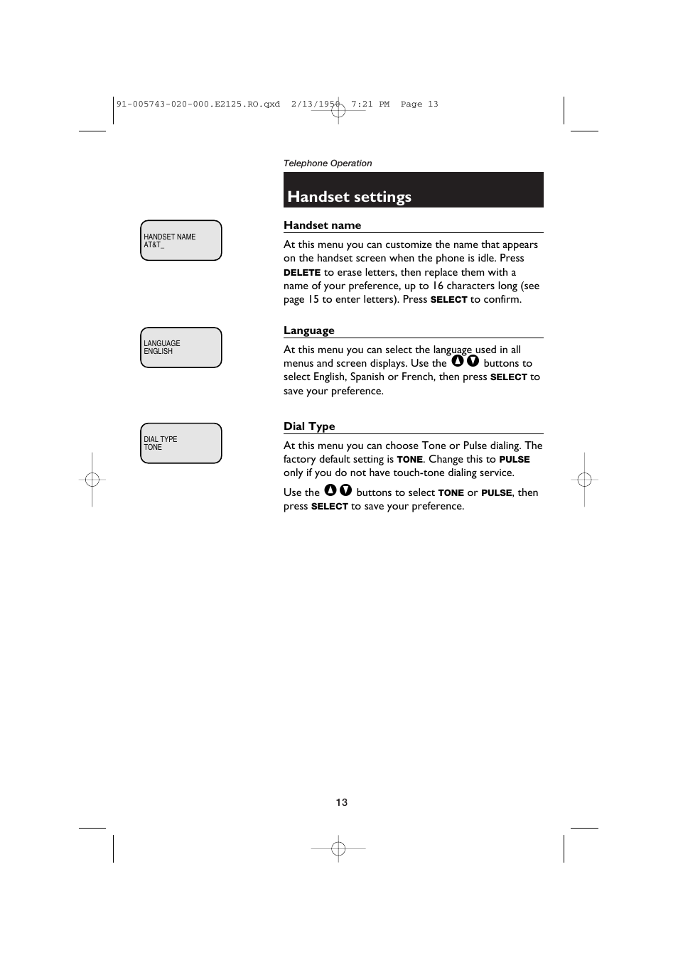 Handset settings | AT&T E2125 User Manual | Page 15 / 37