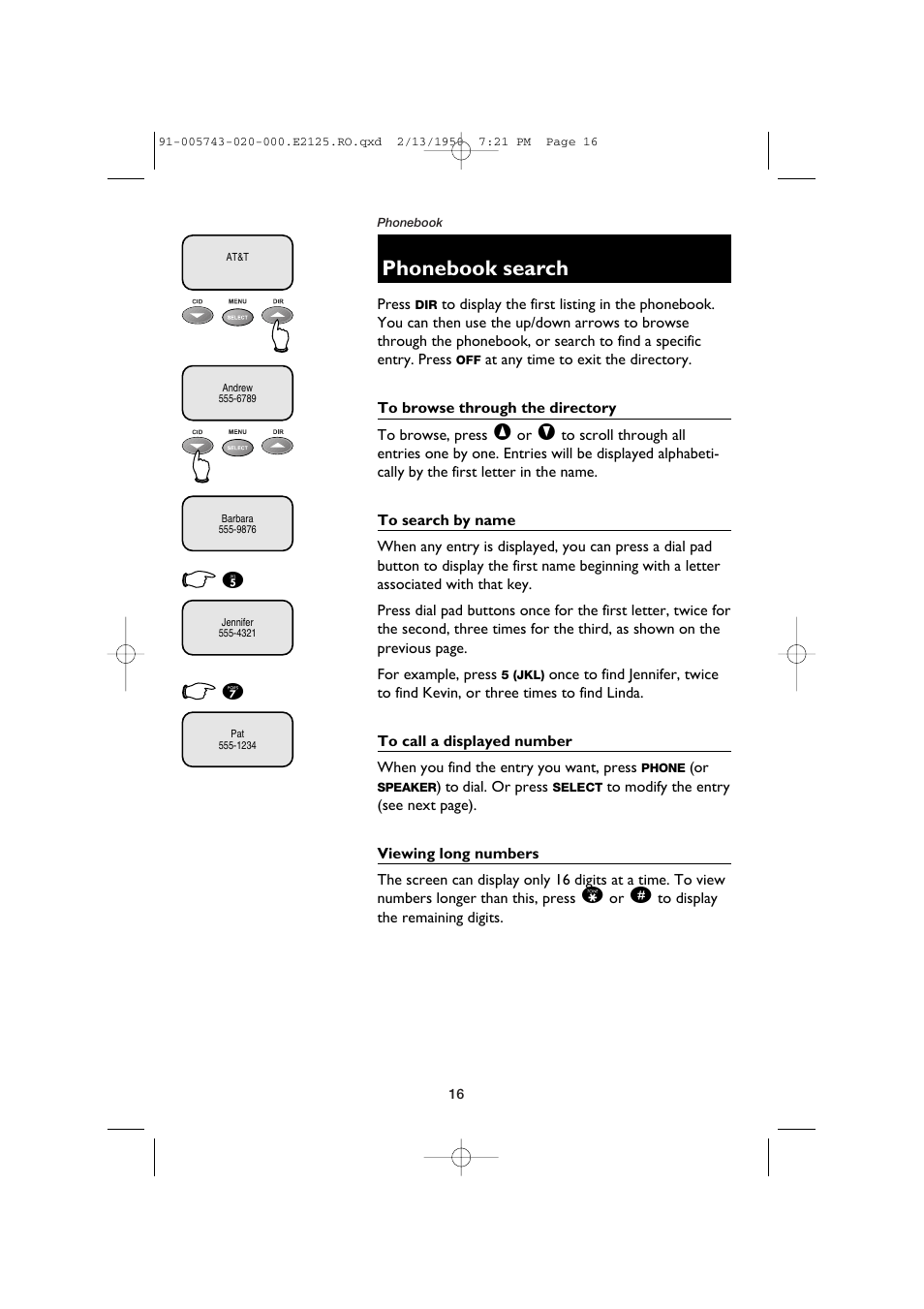 Phonebook search | AT&T E2125 User Manual | Page 18 / 37