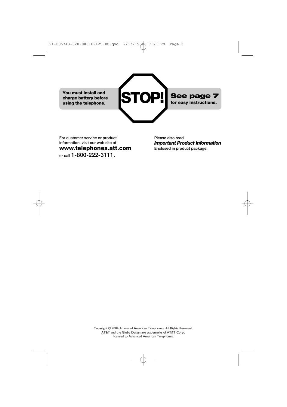 Stop, See page 7 | AT&T E2125 User Manual | Page 2 / 37