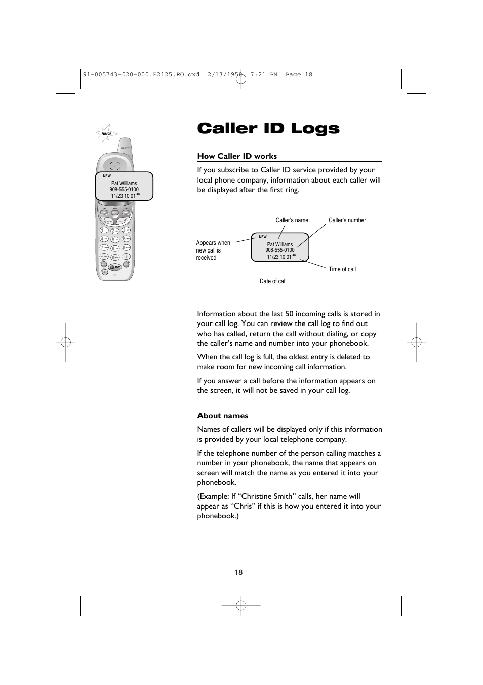 Caller id logs | AT&T E2125 User Manual | Page 20 / 37