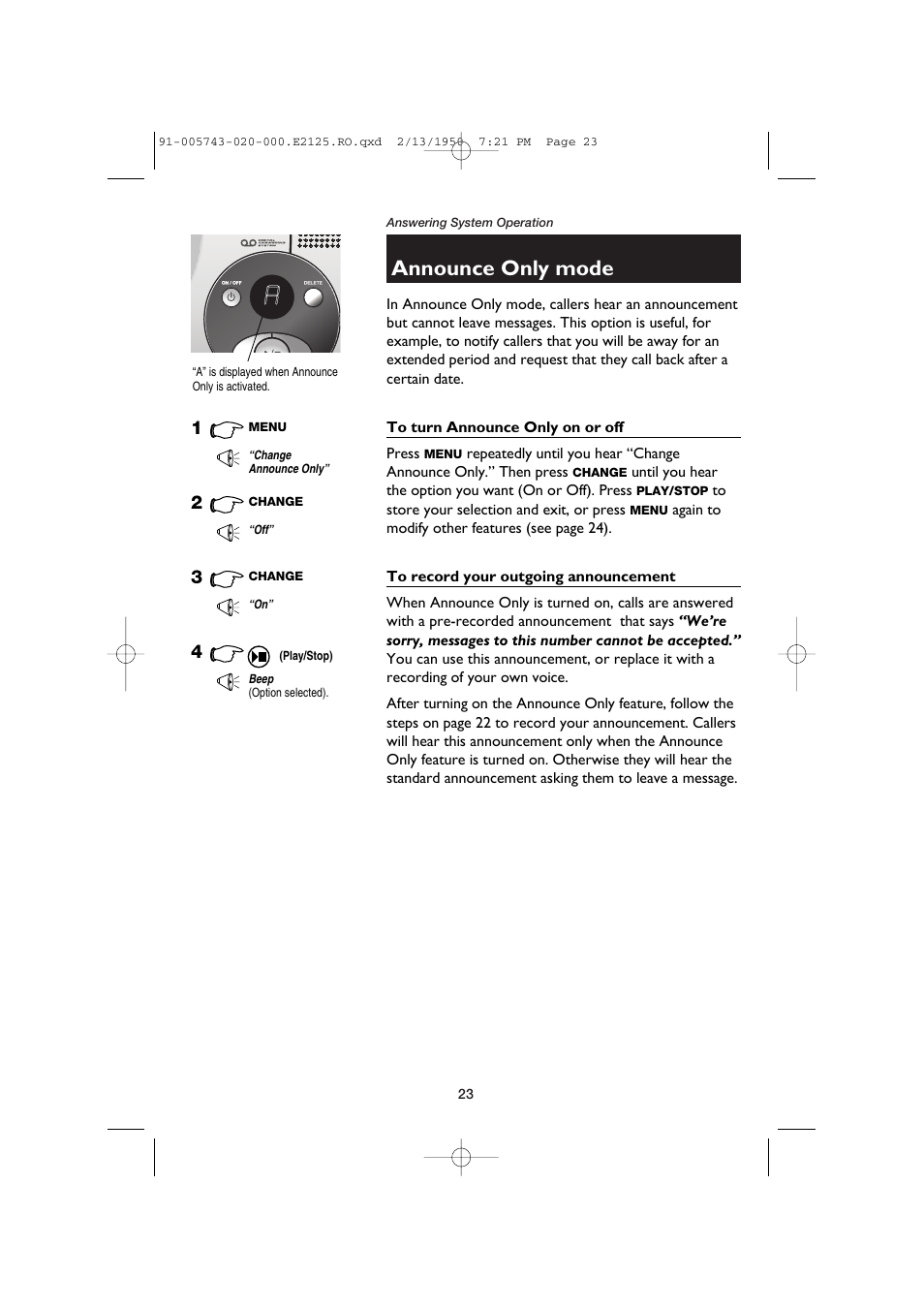 Announce only mode | AT&T E2125 User Manual | Page 25 / 37