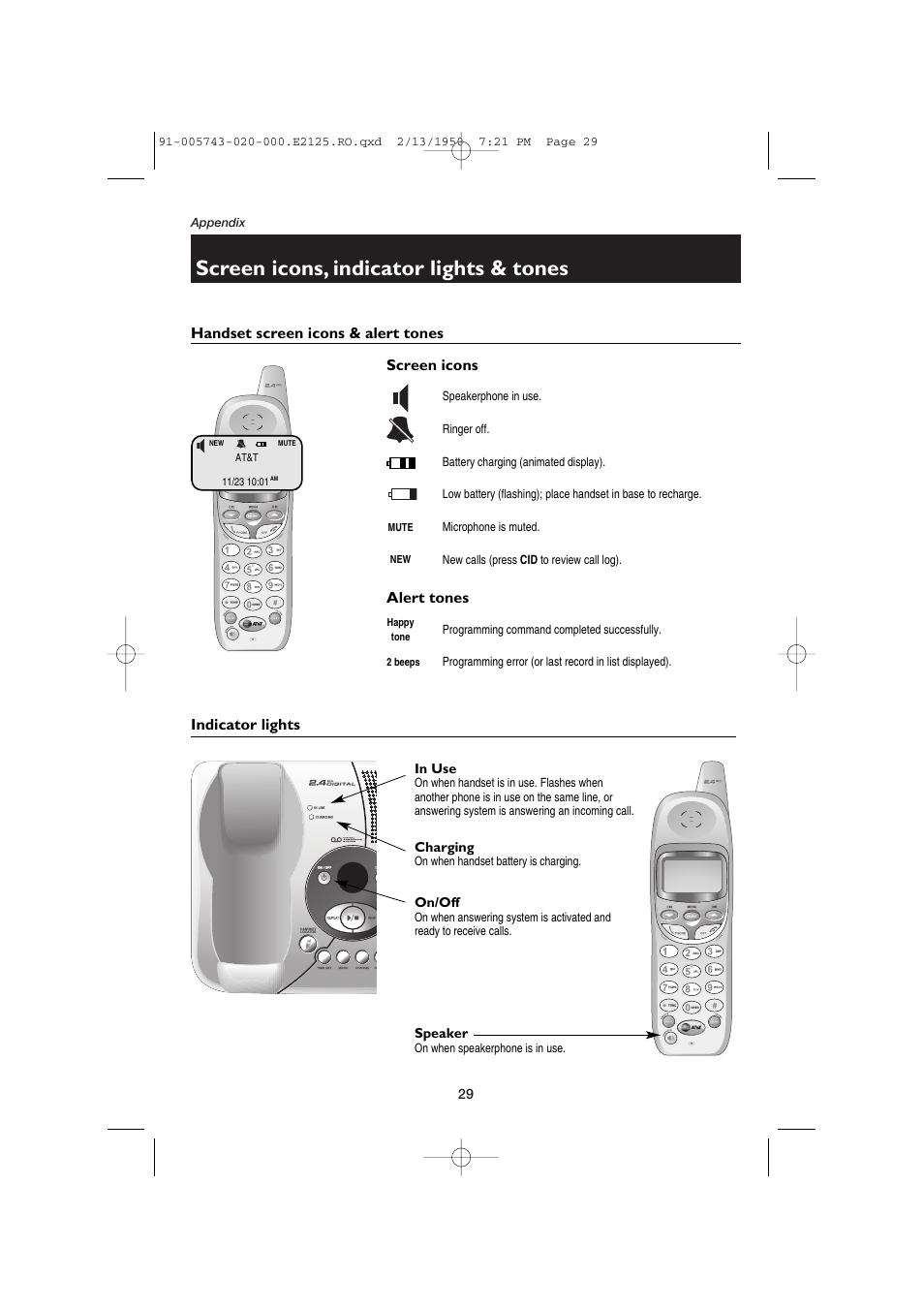 Screen icons, indicator lights & tones, Handset screen icons & alert tones, Indicator lights | Screen icons alert tones | AT&T E2125 User Manual | Page 31 / 37