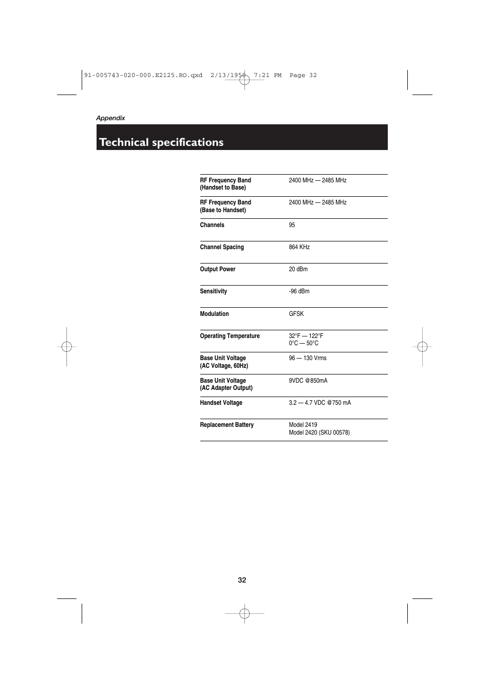 Technical specifications | AT&T E2125 User Manual | Page 34 / 37