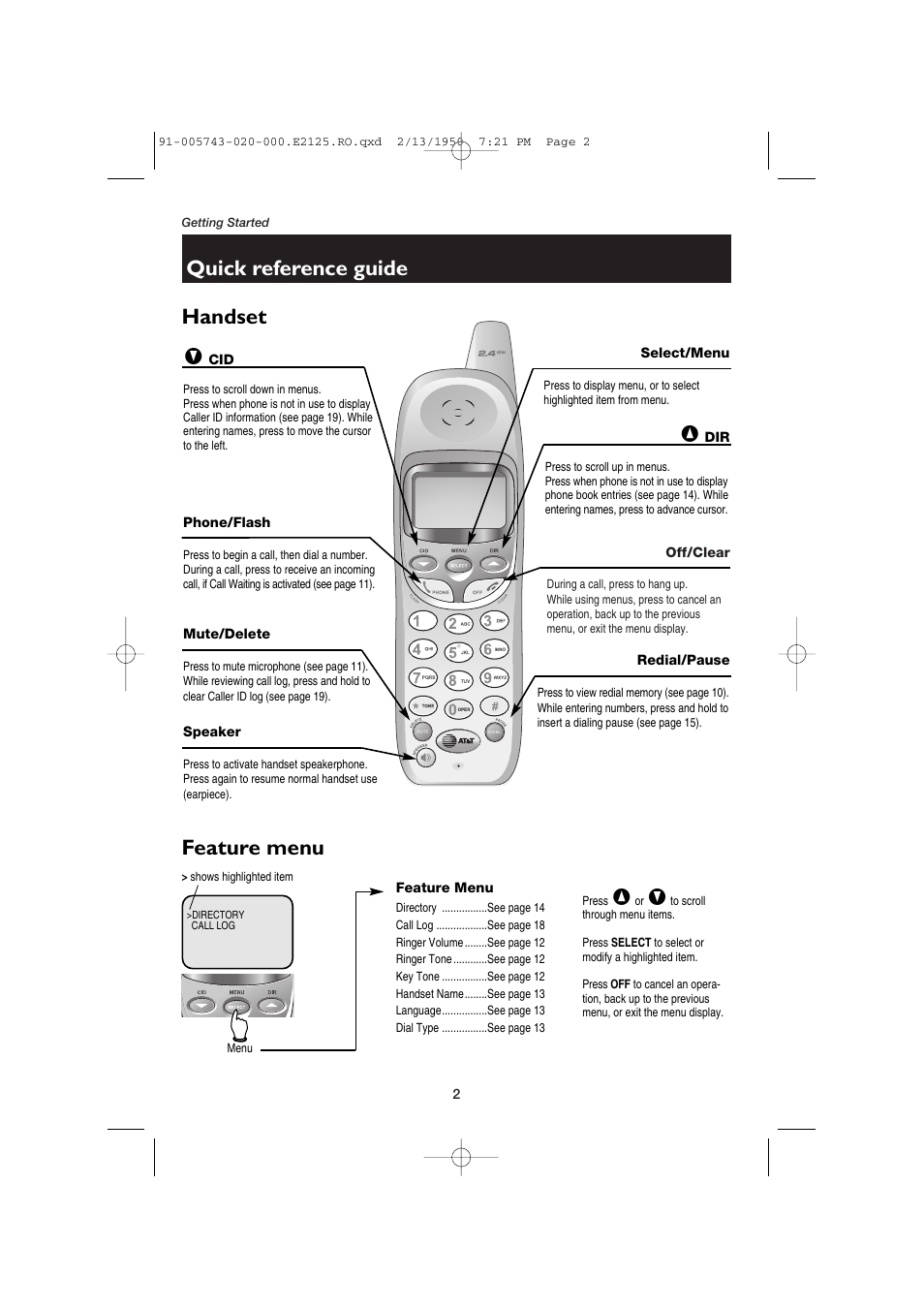 Quick reference guide, Handset feature menu | AT&T E2125 User Manual | Page 4 / 37