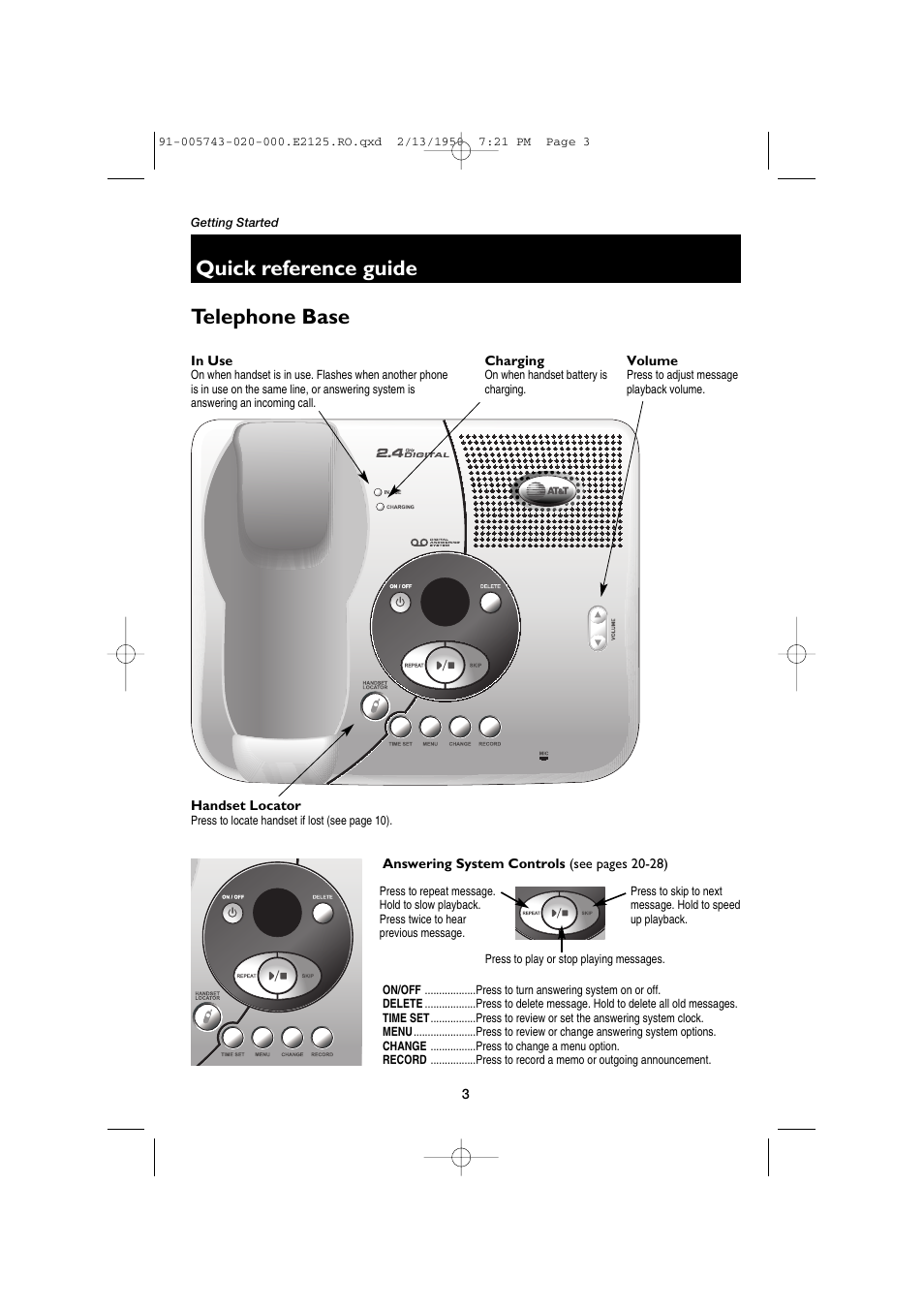 Quick reference guide telephone base | AT&T E2125 User Manual | Page 5 / 37