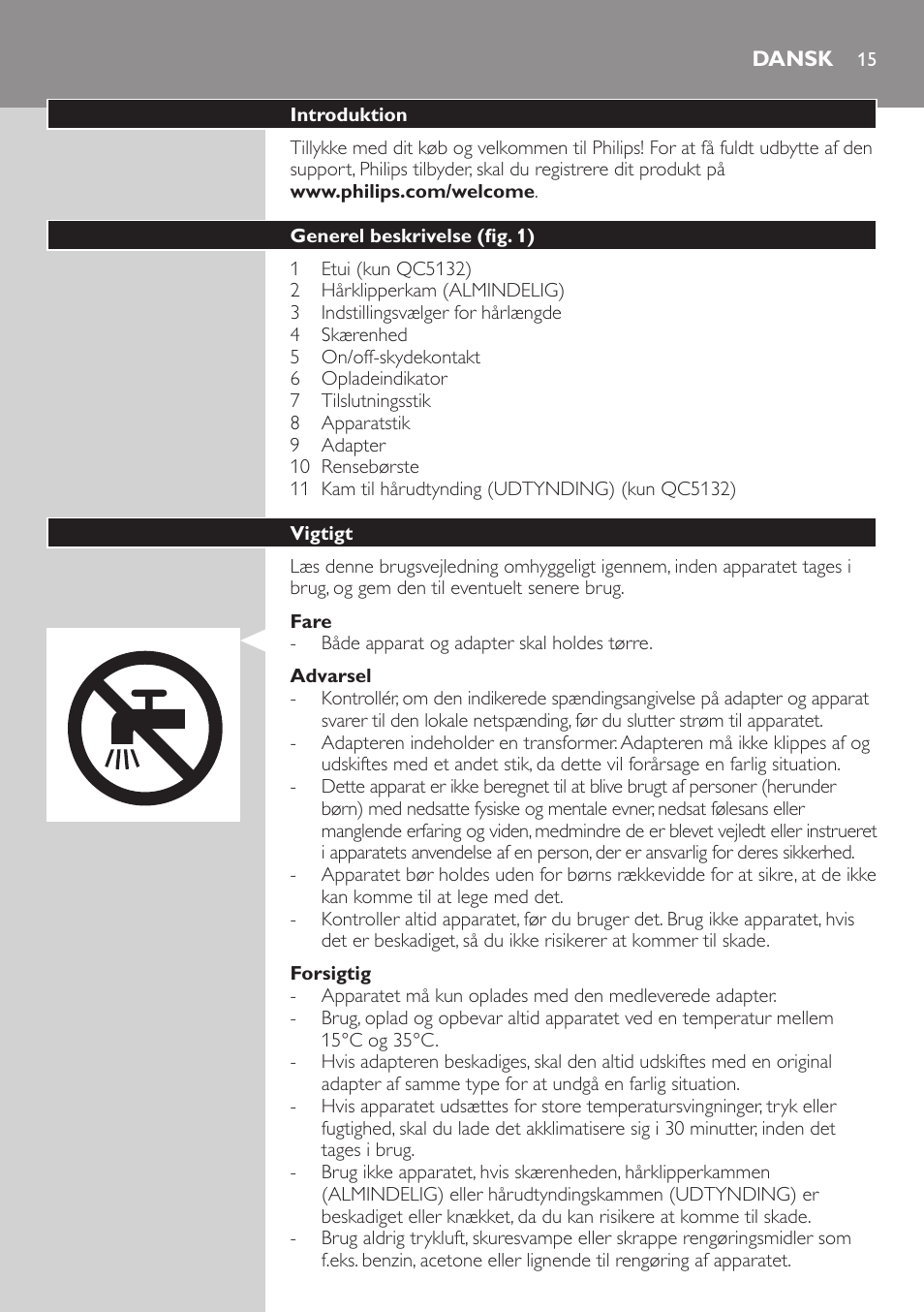 Dansk | Philips tondeuse cheveux familiale User Manual | Page 15 / 126