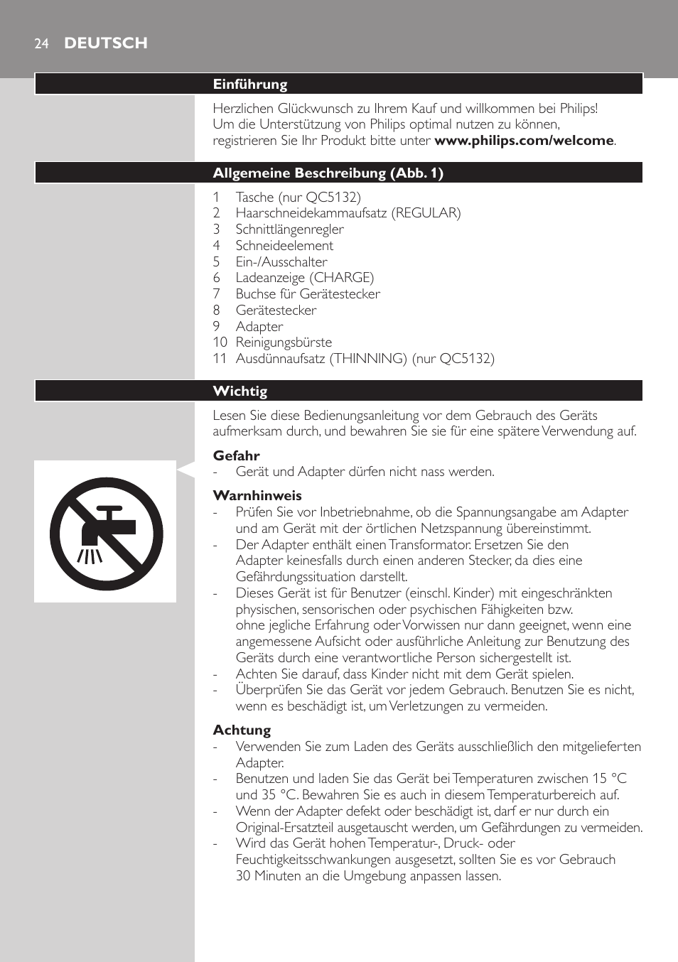 Deutsch, Deutsch 24 | Philips tondeuse cheveux familiale User Manual | Page 24 / 126