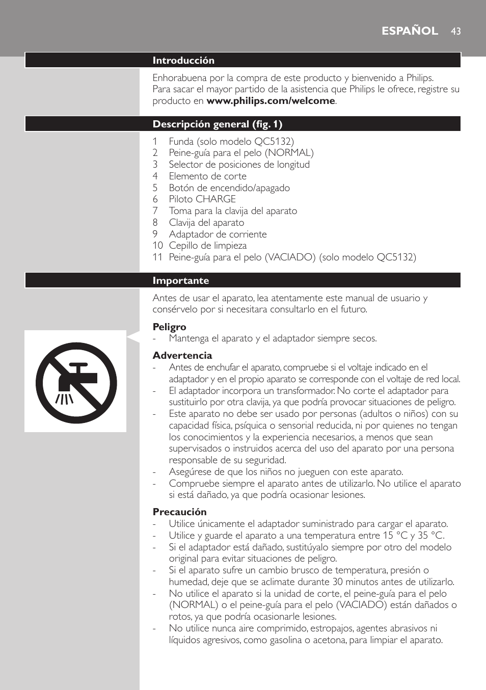 Español | Philips tondeuse cheveux familiale User Manual | Page 43 / 126