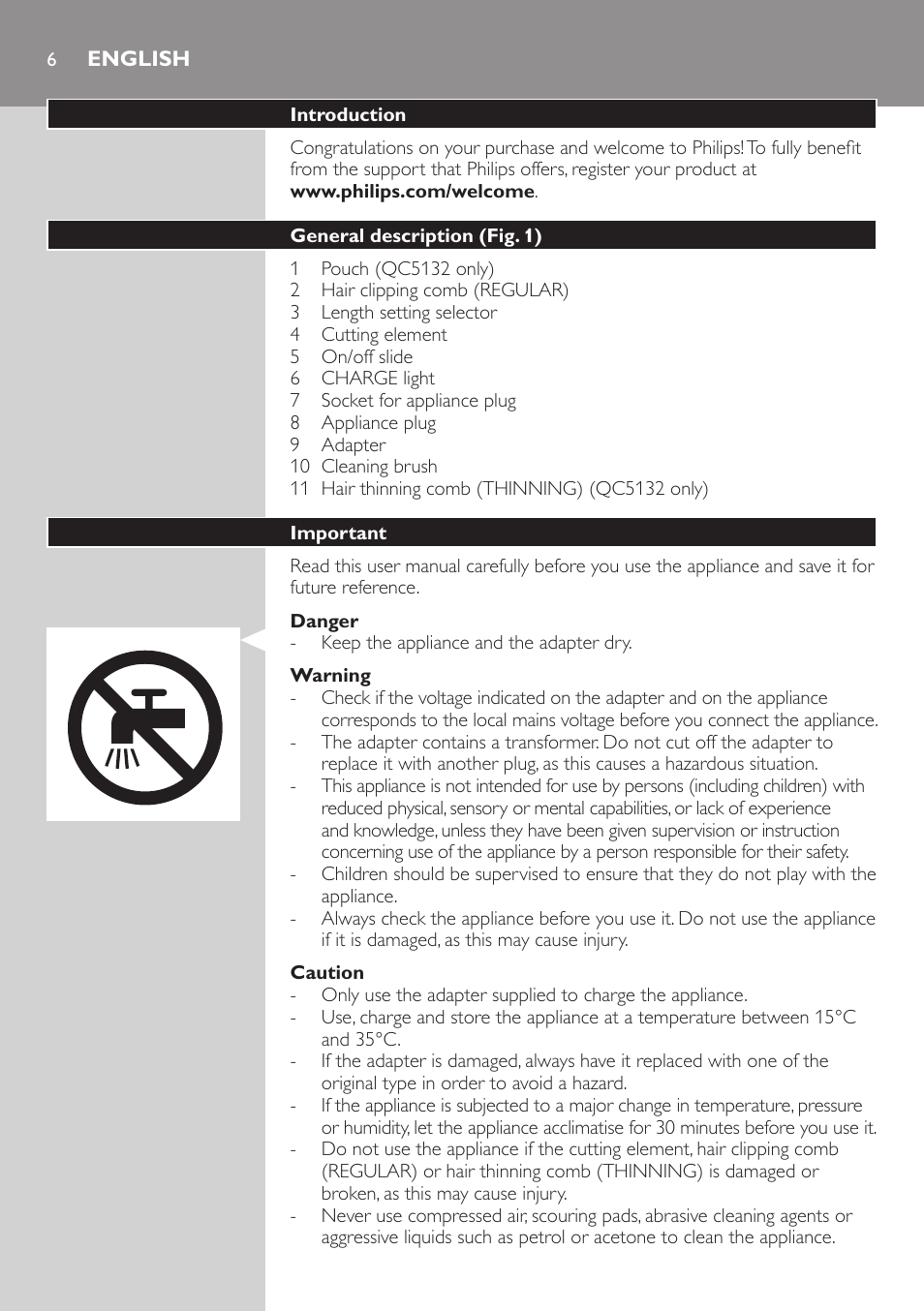 English | Philips tondeuse cheveux familiale User Manual | Page 6 / 126