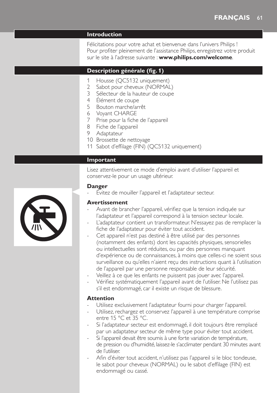 Français, Français 61 | Philips tondeuse cheveux familiale User Manual | Page 61 / 126