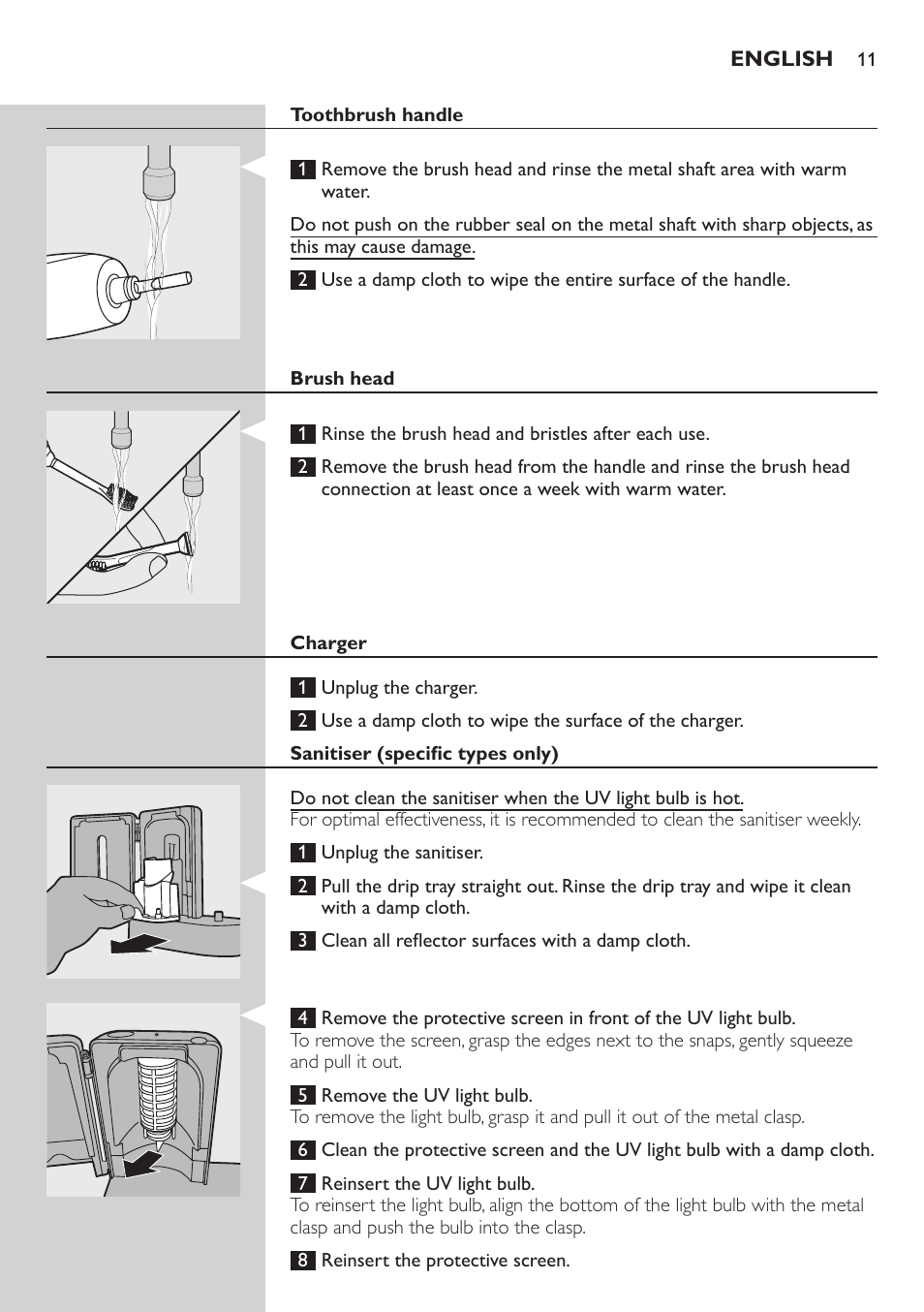 Toothbrush handle, Brush head, Charger | Sanitiser (specific types only) | Philips Sonicare FlexCare Brosse à dents sonique rechargeable User Manual | Page 11 / 64