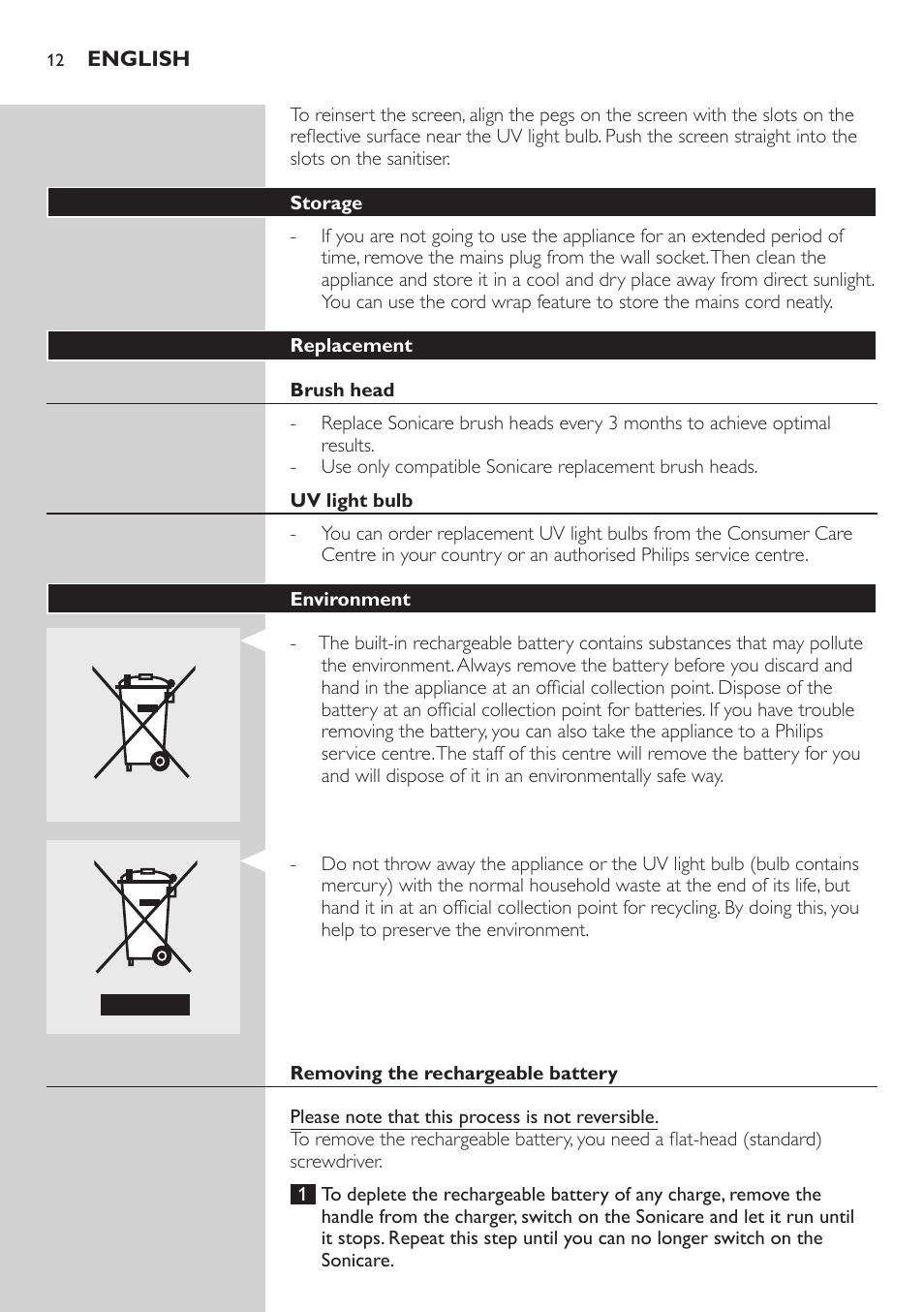 Storage, Replacement, Brush head | Uv light bulb, Environment, Removing the rechargeable battery | Philips Sonicare FlexCare Brosse à dents sonique rechargeable User Manual | Page 12 / 64
