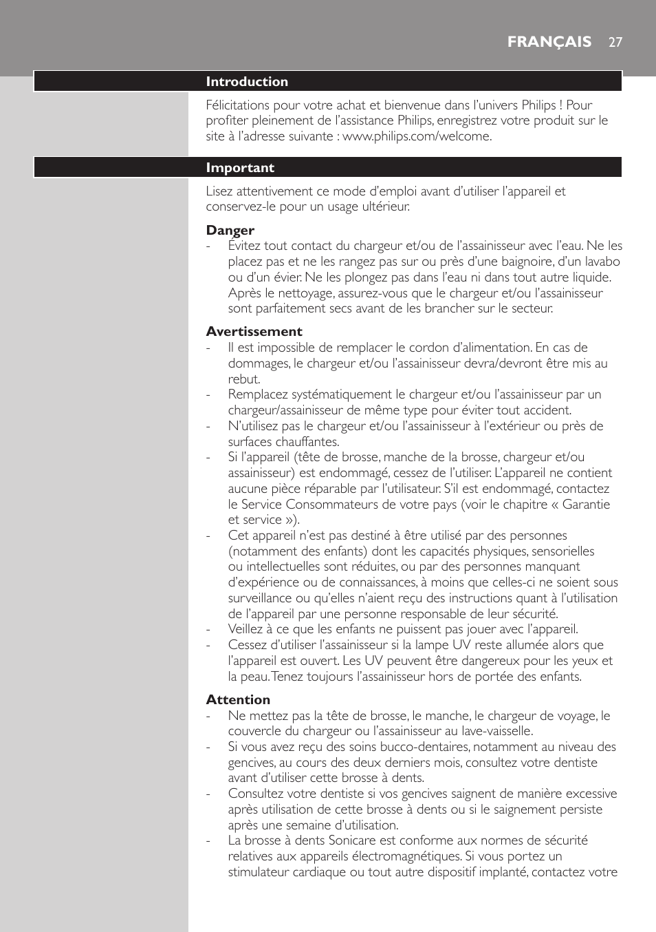 Attention, Avertissement, Danger | Français, Introduction, Important | Philips Sonicare FlexCare Brosse à dents sonique rechargeable User Manual | Page 27 / 64