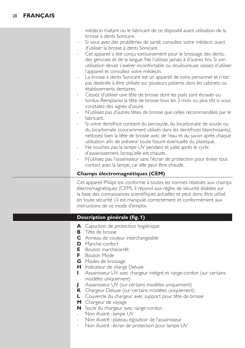 Champs électromagnétiques (cem), Description générale (fig. 1) | Philips Sonicare FlexCare Brosse à dents sonique rechargeable User Manual | Page 28 / 64