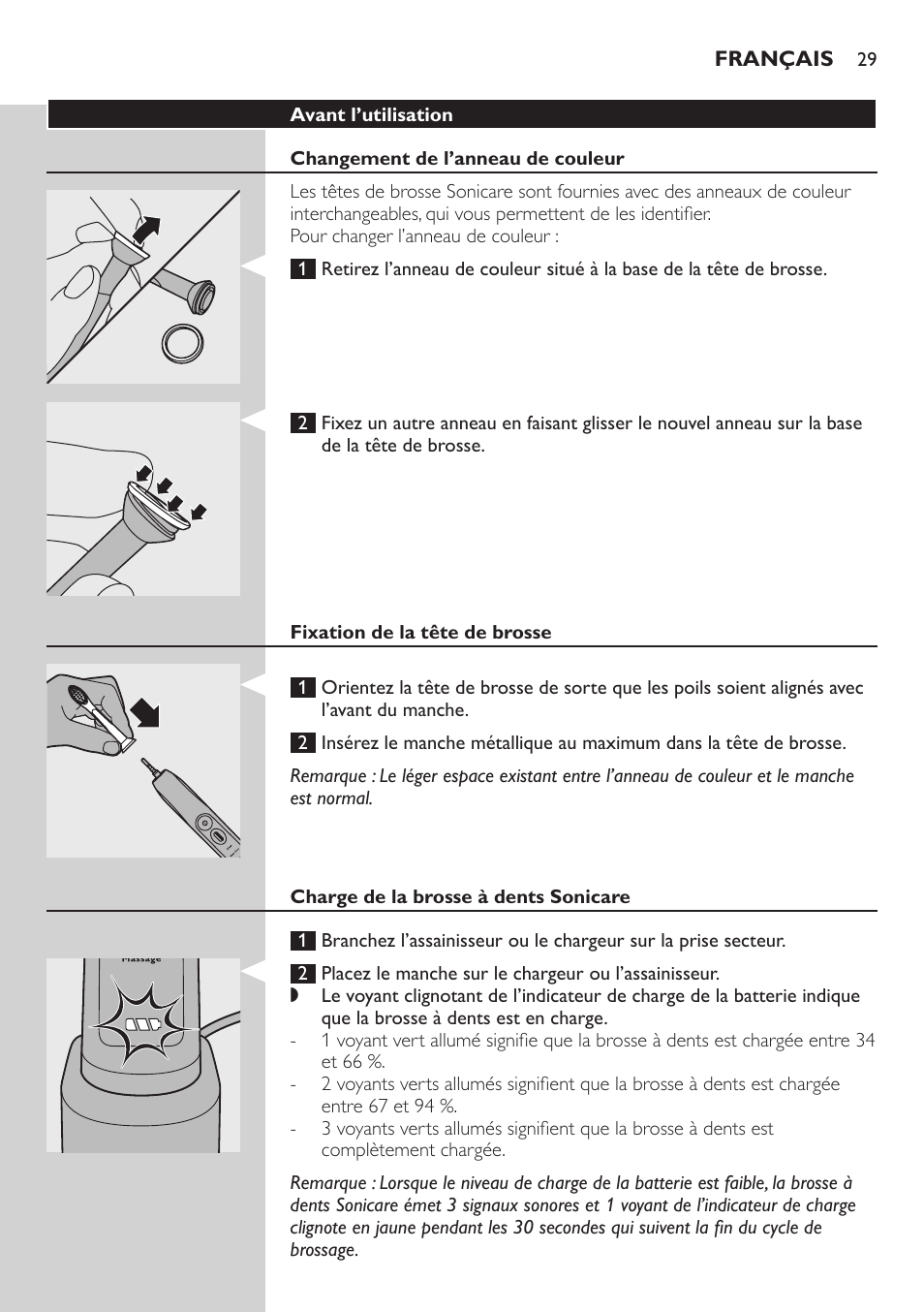 Avant l’utilisation, Changement de l’anneau de couleur, Fixation de la tête de brosse | Charge de la brosse à dents sonicare | Philips Sonicare FlexCare Brosse à dents sonique rechargeable User Manual | Page 29 / 64